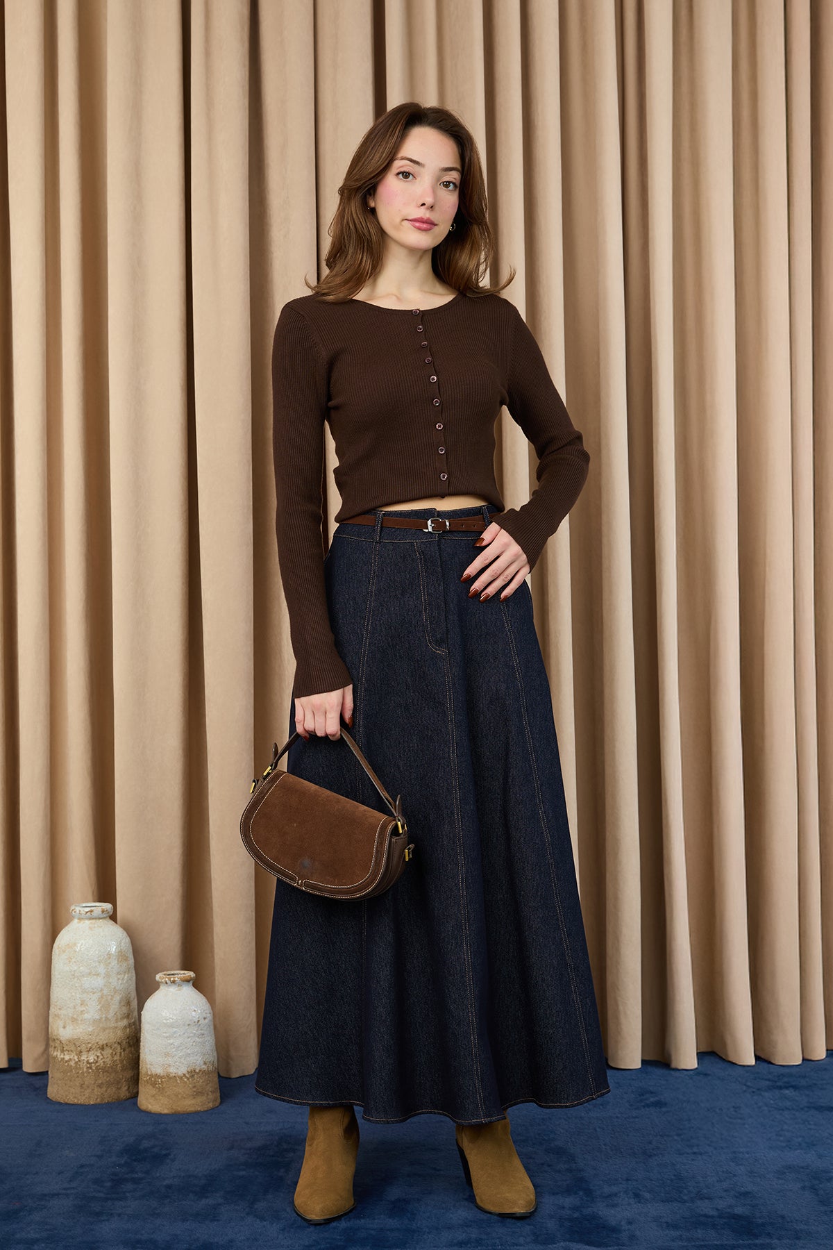 Kadın Kemerli Denim Etek - 32424ETK