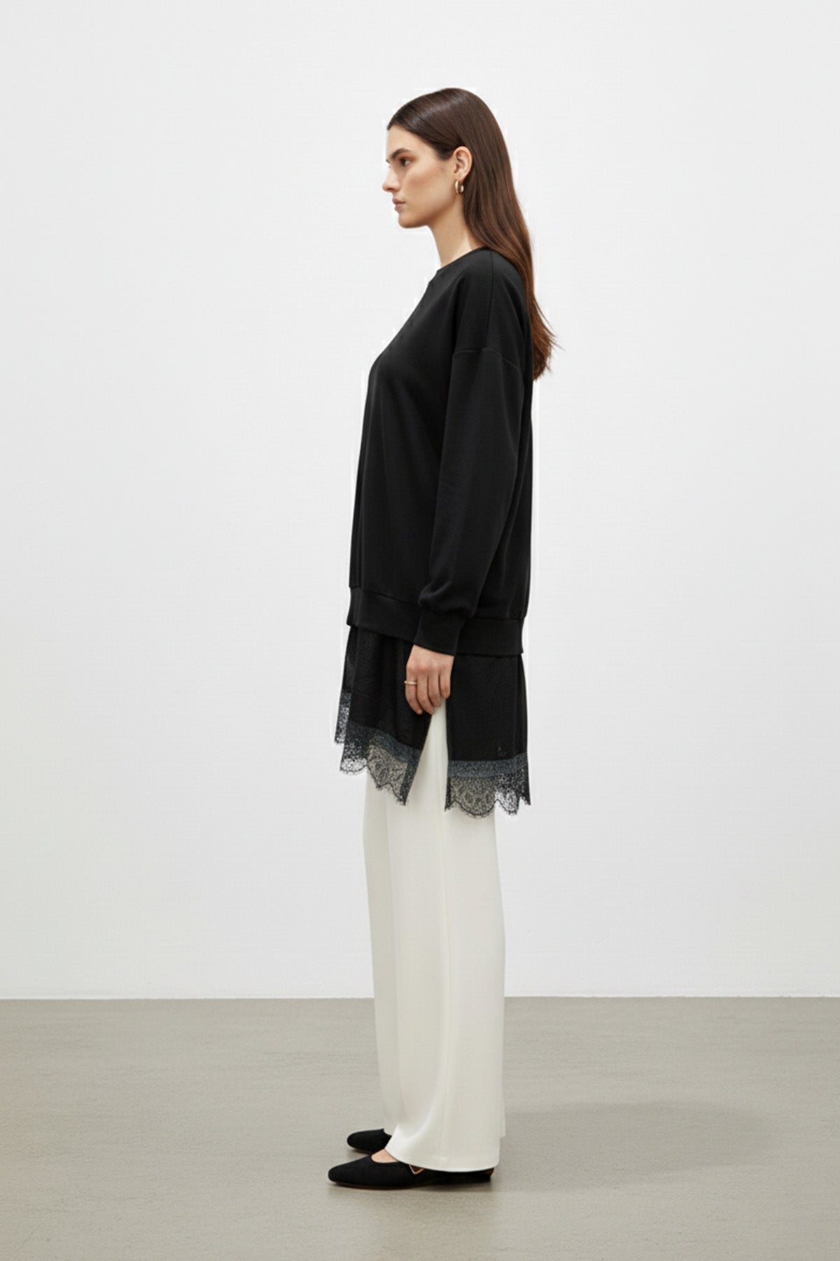 Kadın Dantel Detaylı Uzun Kollu Salaş Tunik -10766TUN