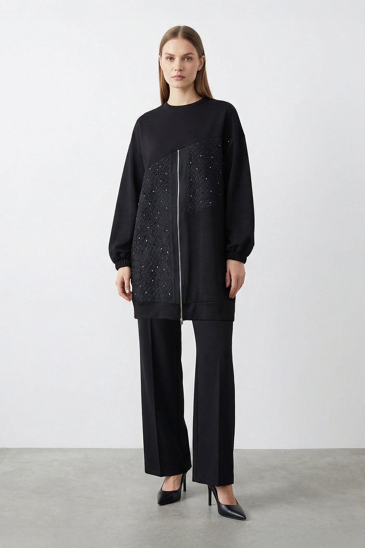 Kadın Asimetrik Kesim Fermuar Detaylı Rahat Tunik – 10769TUN