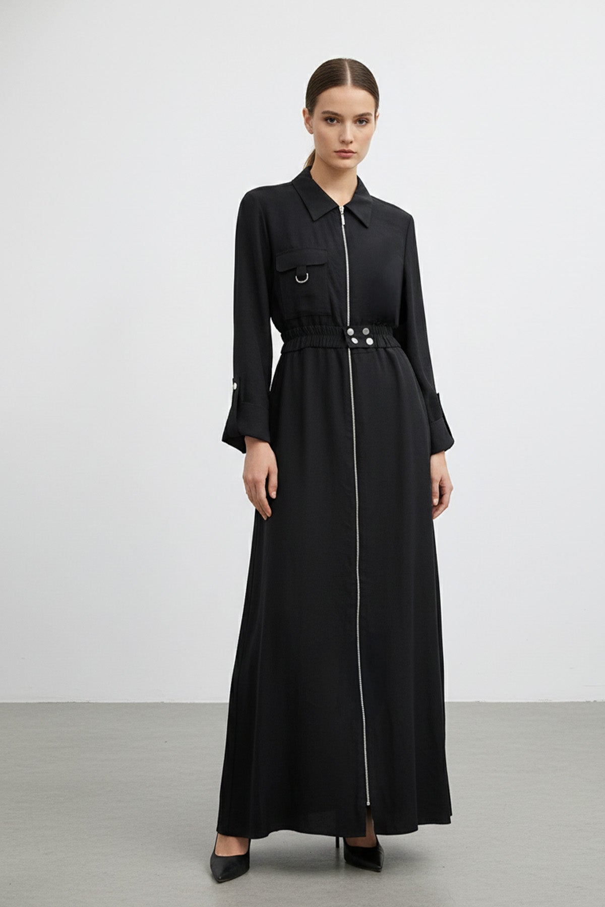 Kadın Fermuarlı Gömlek Yaka Belden Kemerli Uzun Elbise-12667