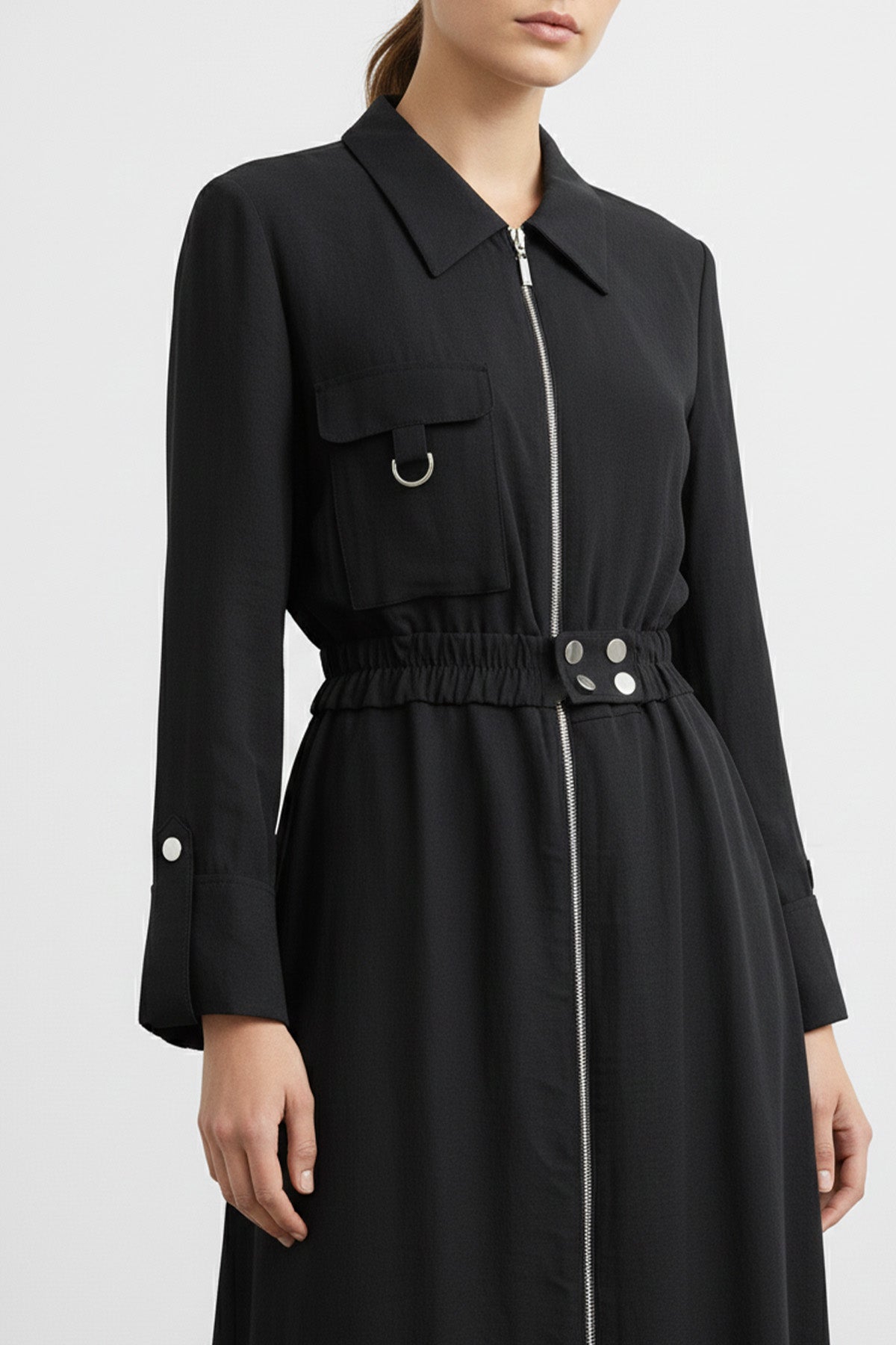 Kadın Fermuarlı Gömlek Yaka Belden Kemerli Uzun Elbise-12667