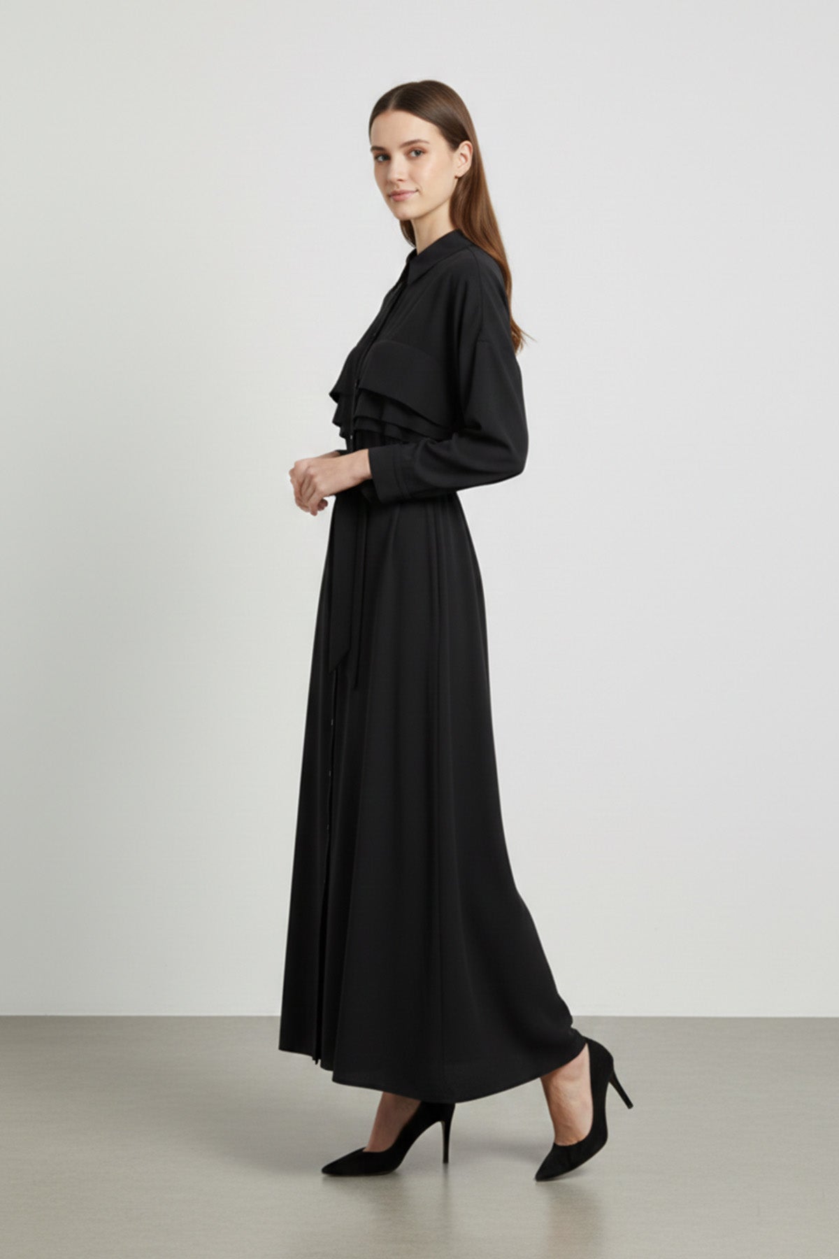 Kuşaklı Düğmeli Uzun Kadın Elbise-12668