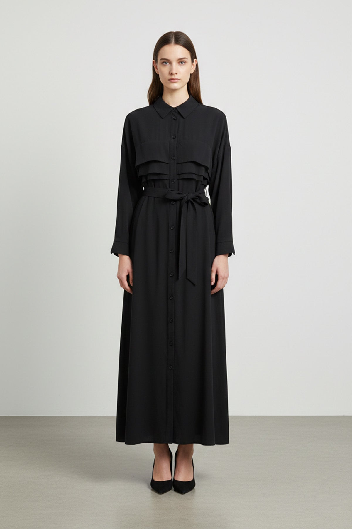 Kuşaklı Düğmeli Uzun Kadın Elbise-12668