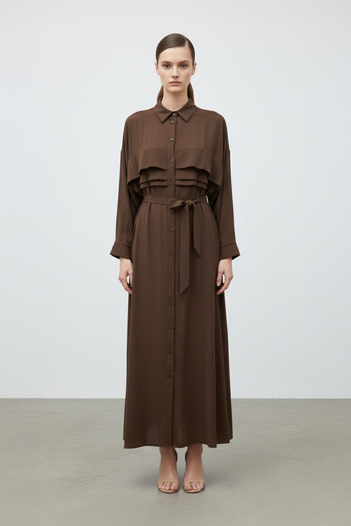 Kuşaklı Düğmeli Uzun Kadın Elbise-12668