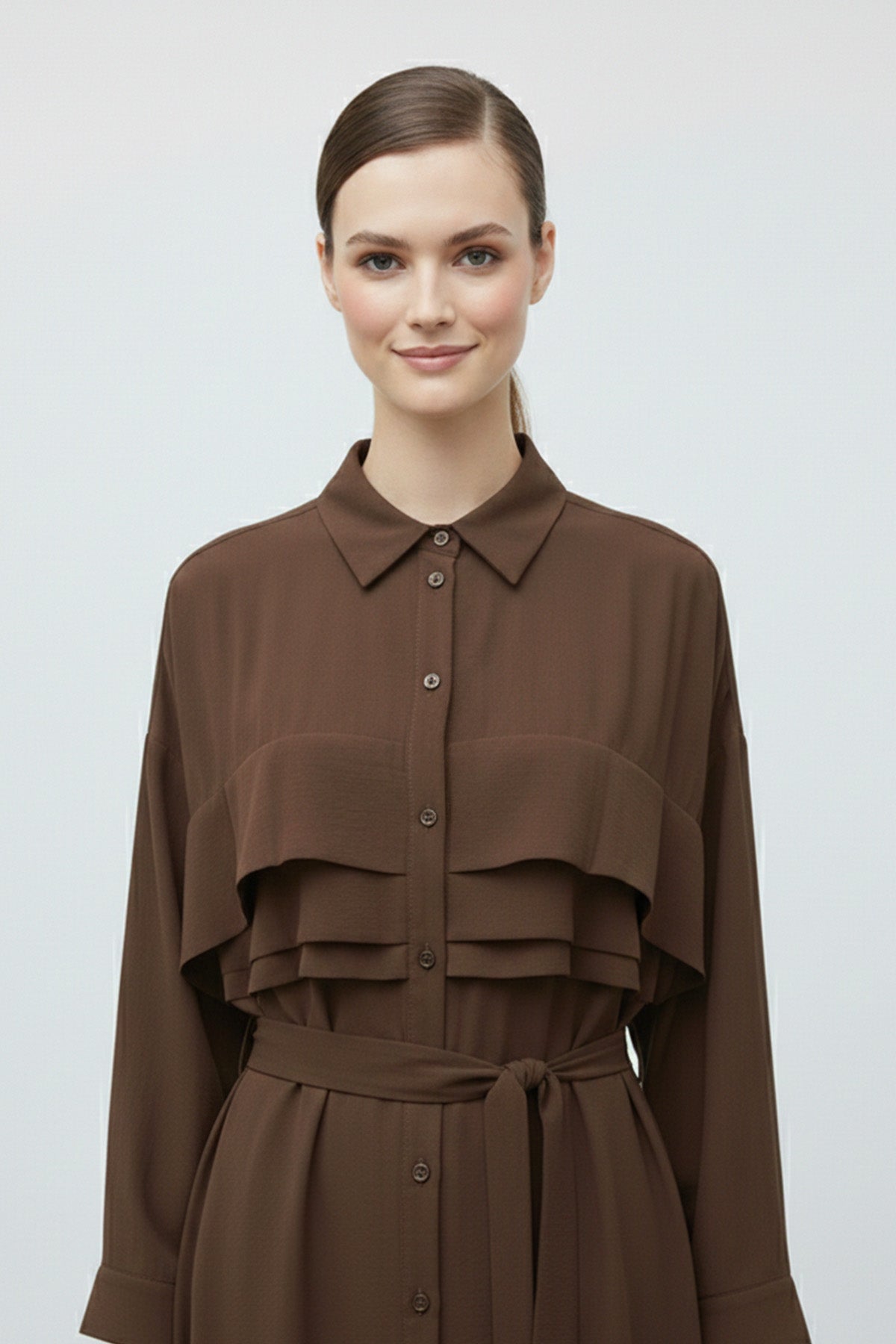 Kuşaklı Düğmeli Uzun Kadın Elbise-12668