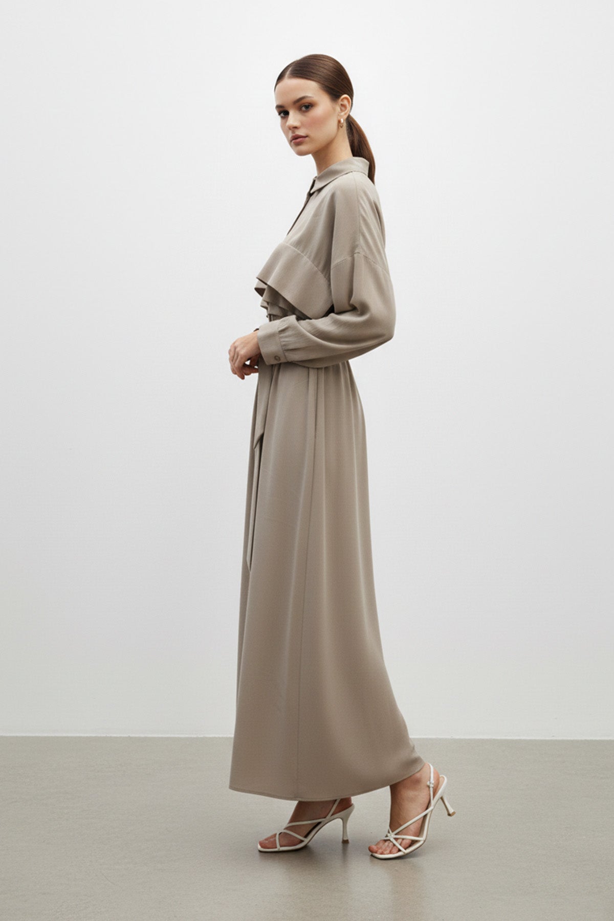 Kuşaklı Düğmeli Uzun Kadın Elbise-12668