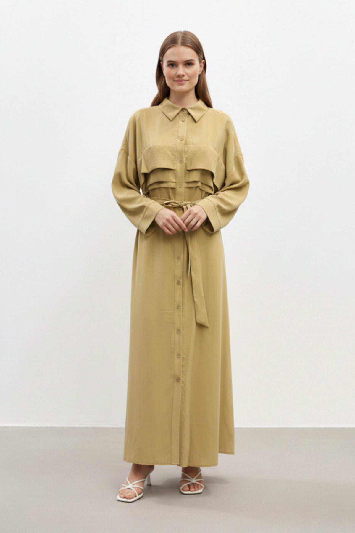 Kuşaklı Düğmeli Uzun Kadın Elbise-12668