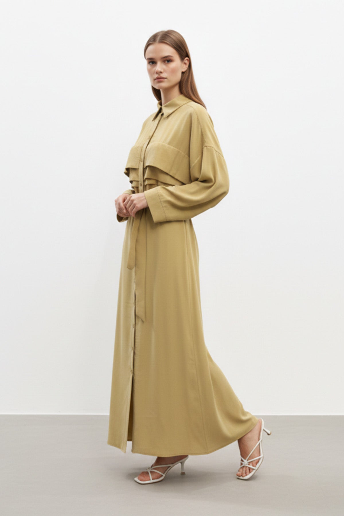 Kuşaklı Düğmeli Uzun Kadın Elbise-12668