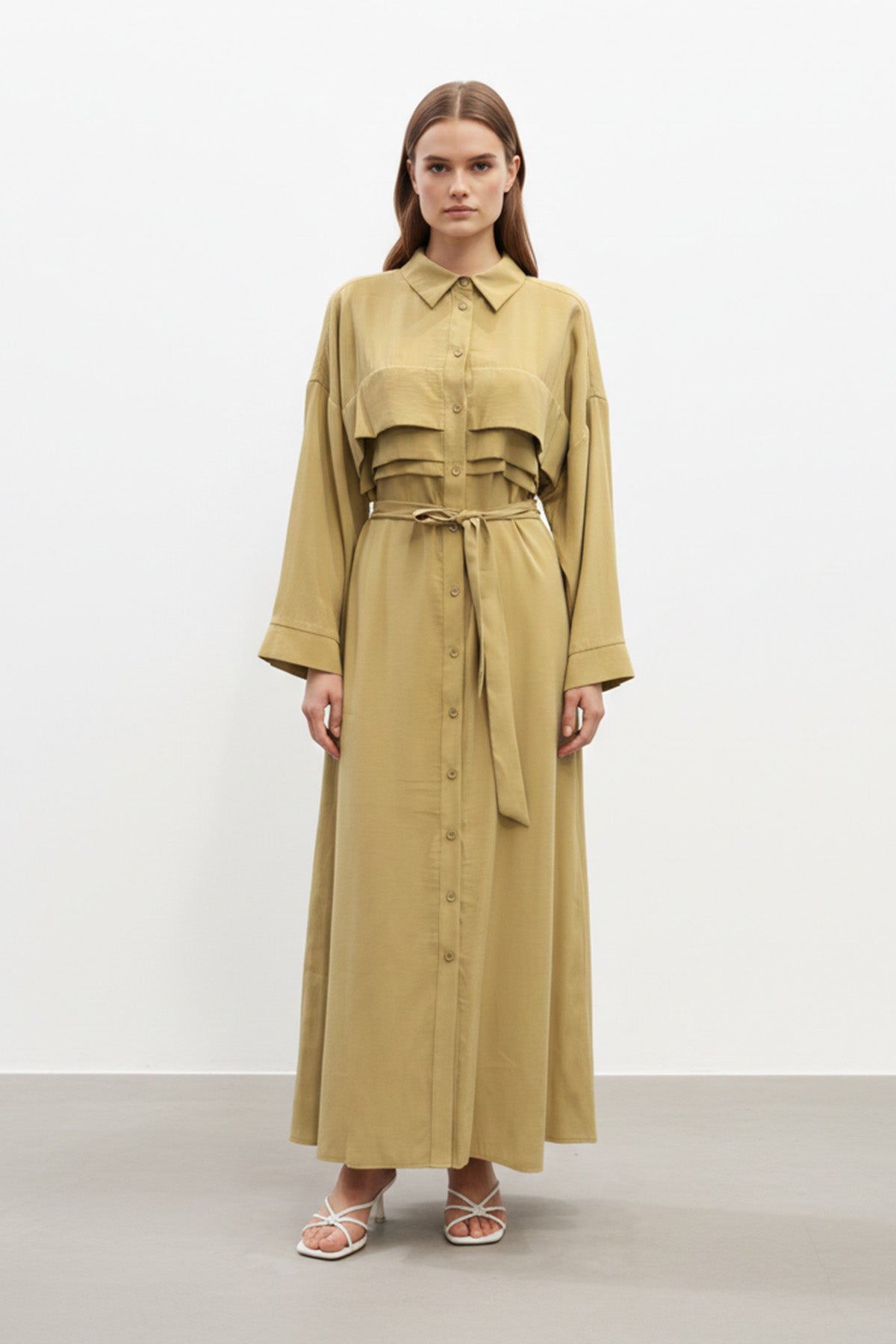 Kuşaklı Düğmeli Uzun Kadın Elbise-12668