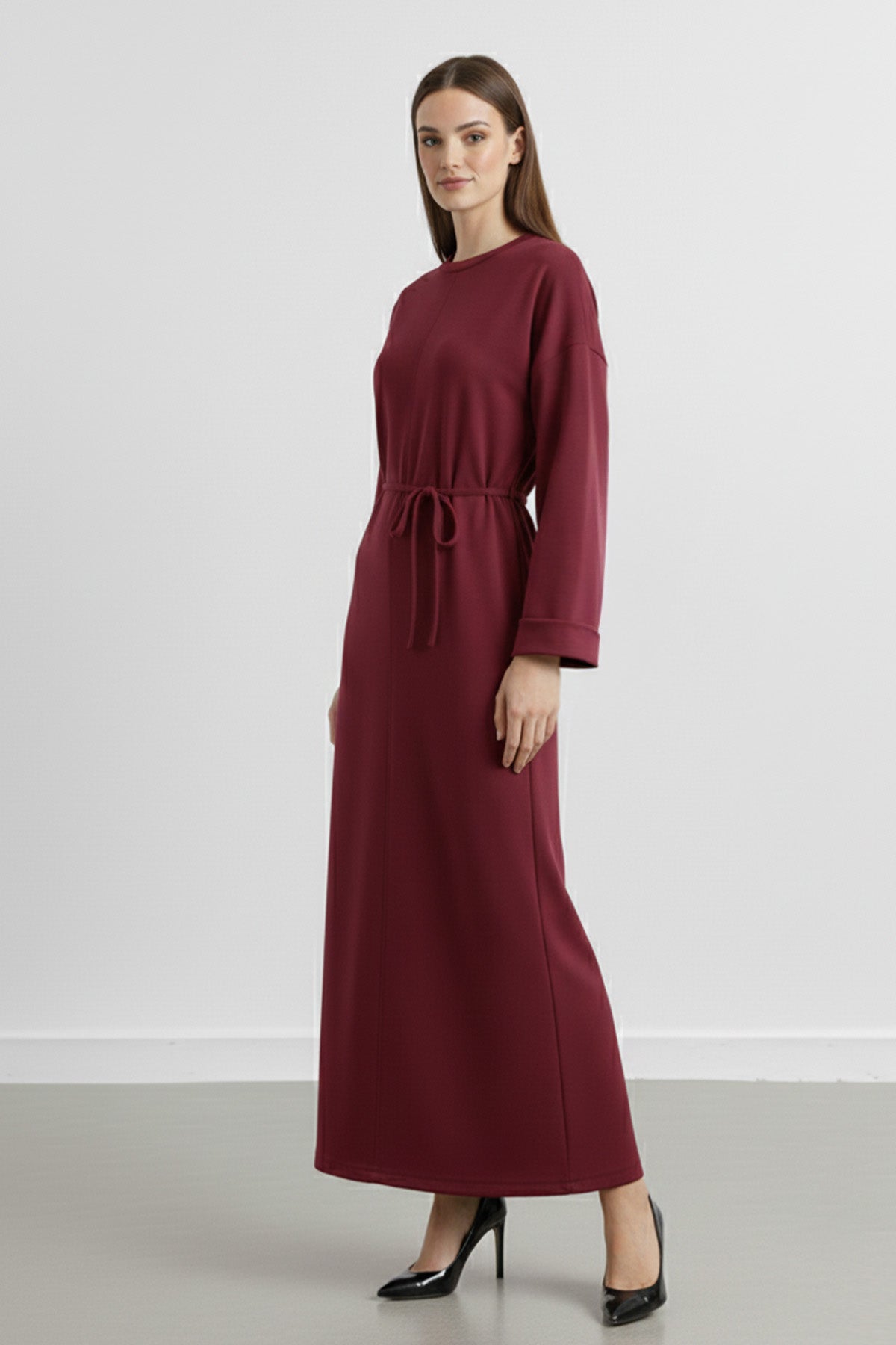 Kadın Basic Bel Detaylı Uzun Kollu Scuba Elbise-12672ELB