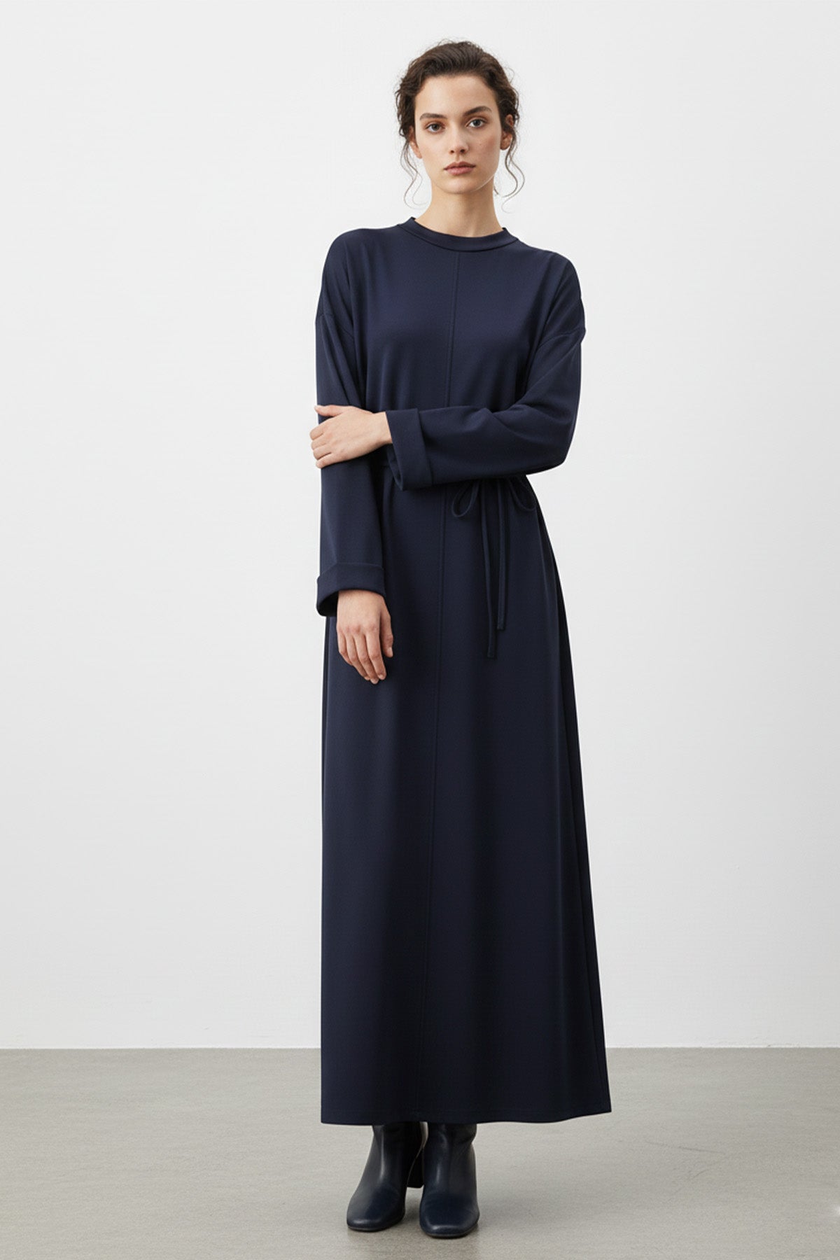 Kadın Basic Bel Detaylı Uzun Kollu Scuba Elbise-12672ELB