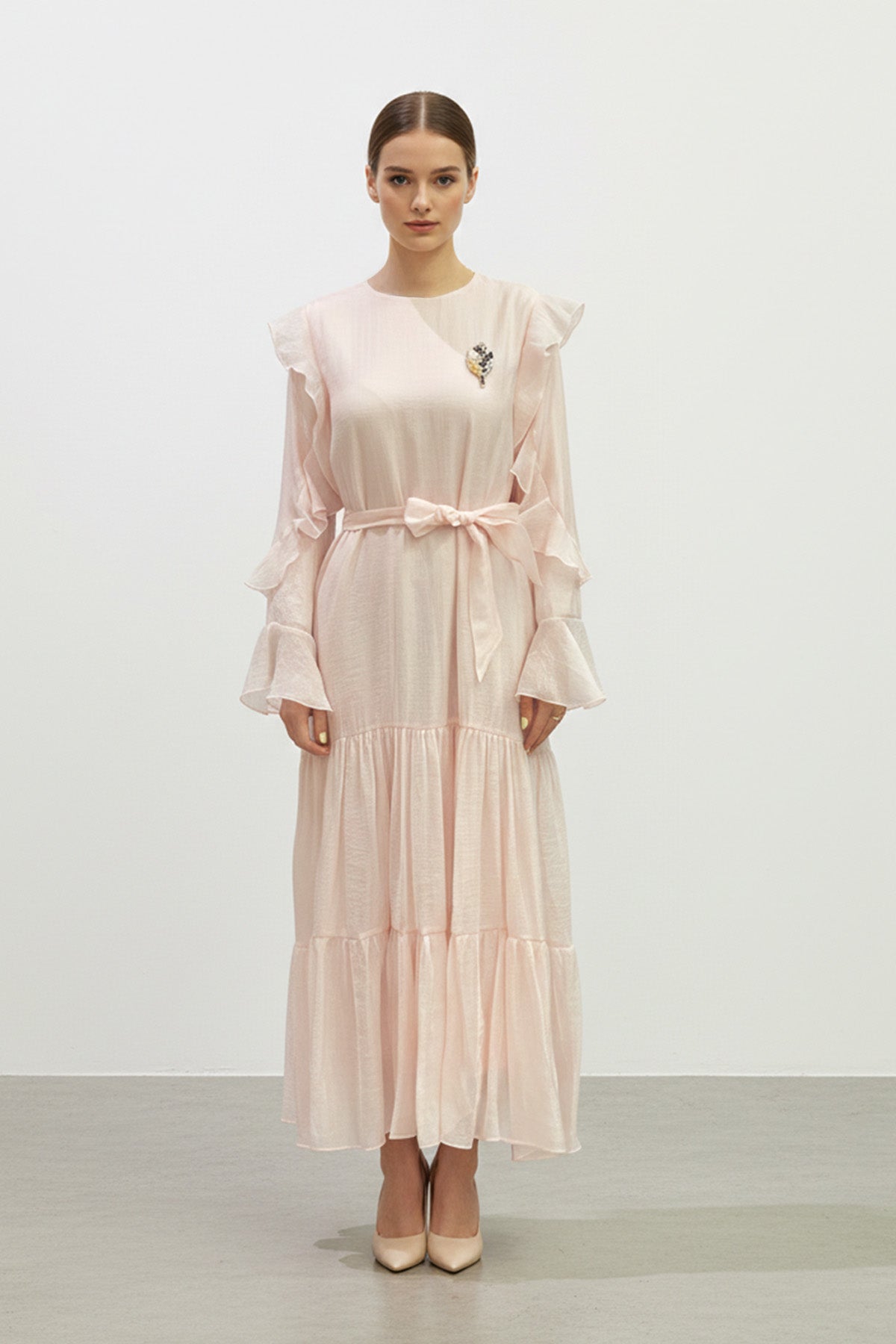 Fırfır Kollu Kuşaklı Kat Kat Uzun Elbise-12673