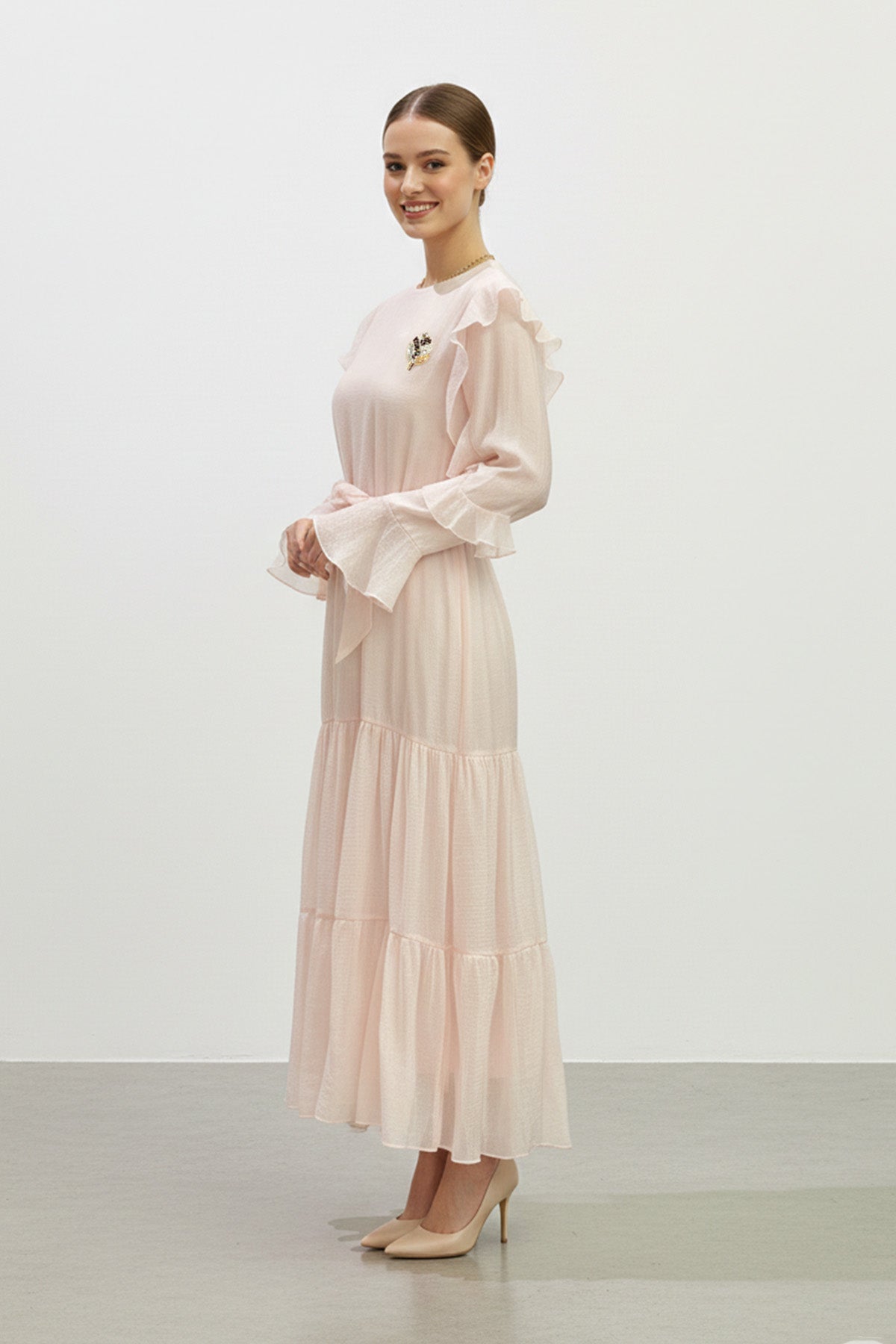 Fırfır Kollu Kuşaklı Kat Kat Uzun Elbise-12673