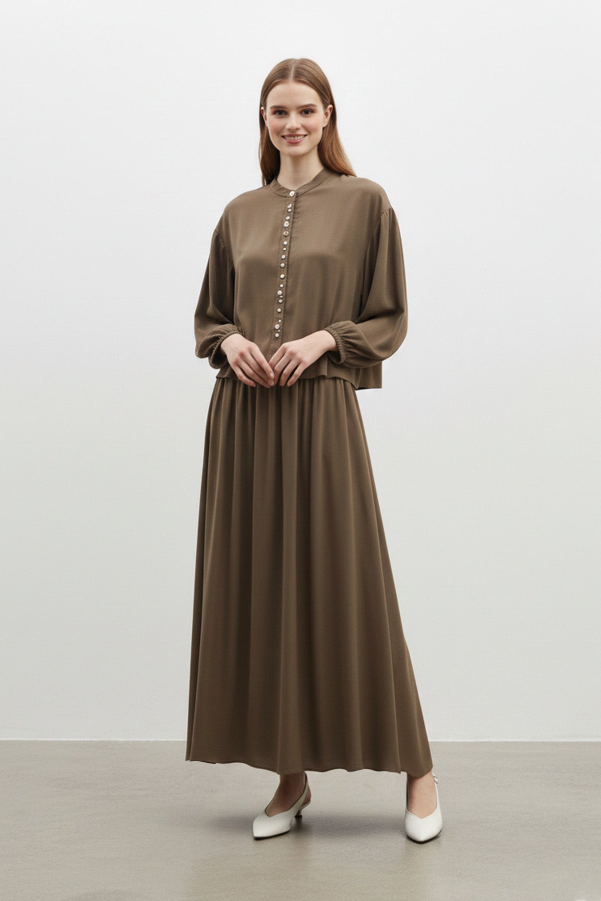 Kadın Taş Düğme Detaylı Bluz ve Uzun Etek Takım-14434