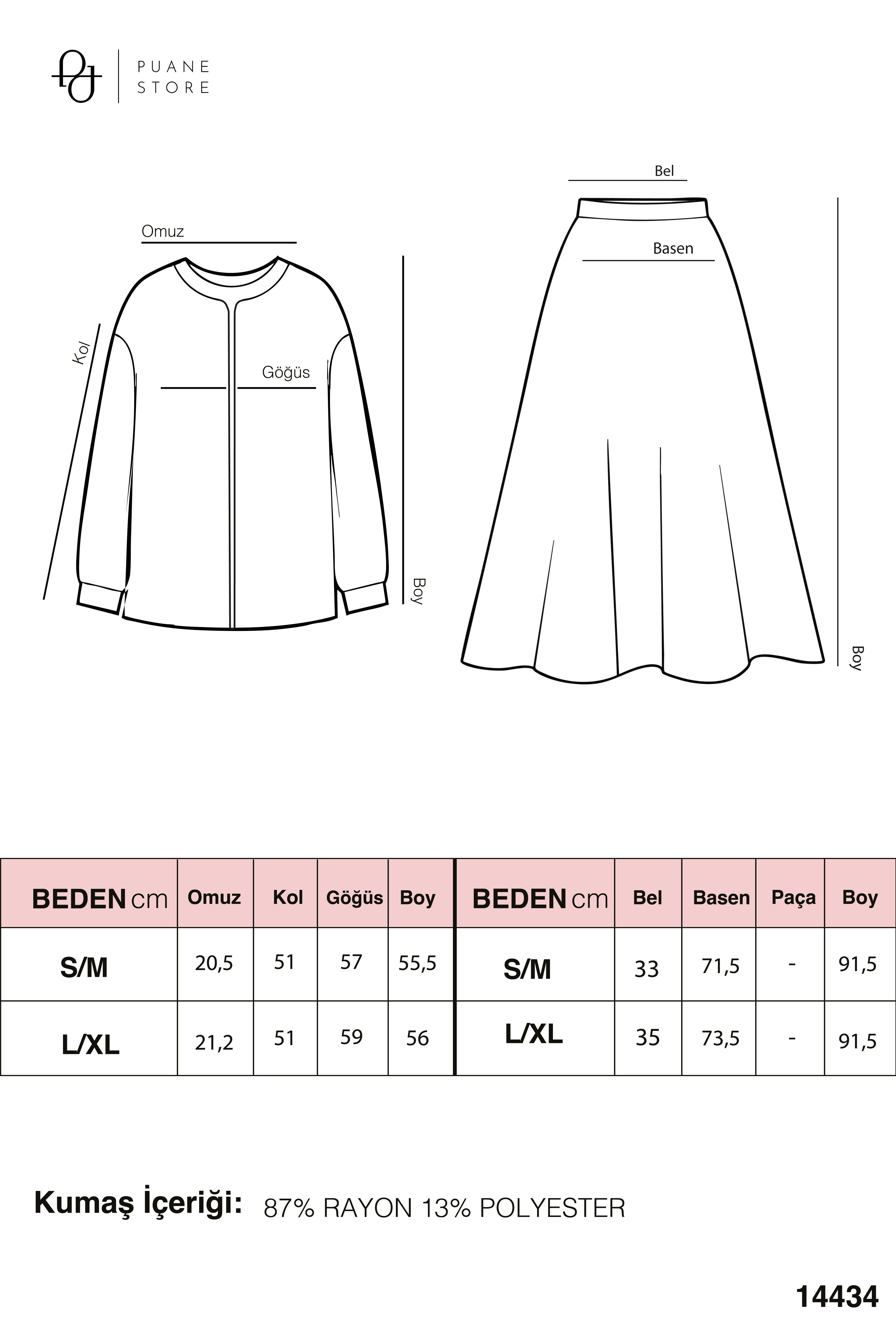 Kadın Taş Düğme Detaylı Bluz ve Uzun Etek Takım-14434