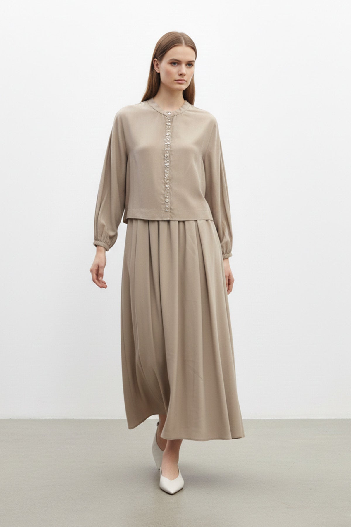 Kadın Taş Düğme Detaylı Bluz ve Uzun Etek Takım-14434