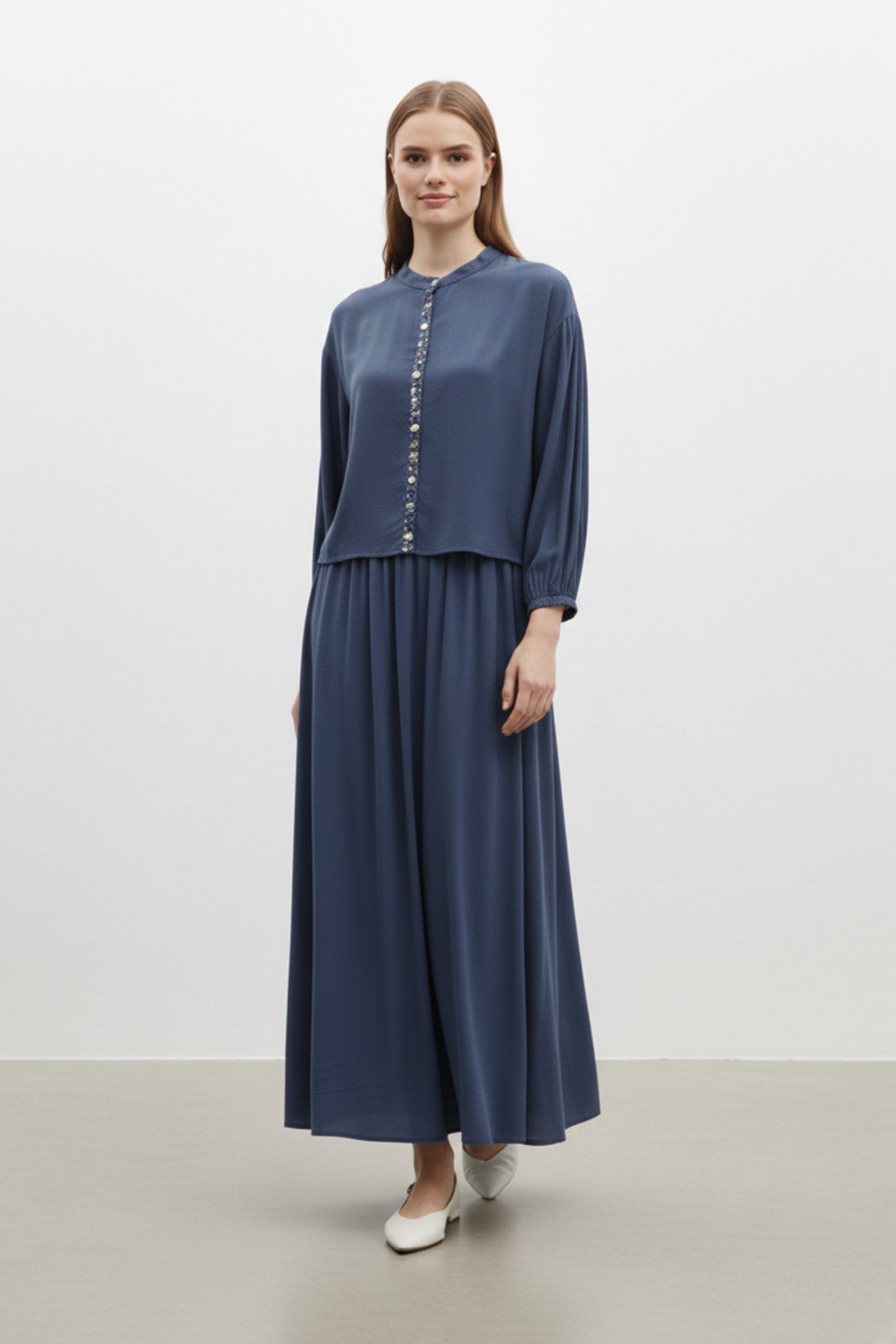Kadın Taş Düğme Detaylı Bluz ve Uzun Etek Takım-14434