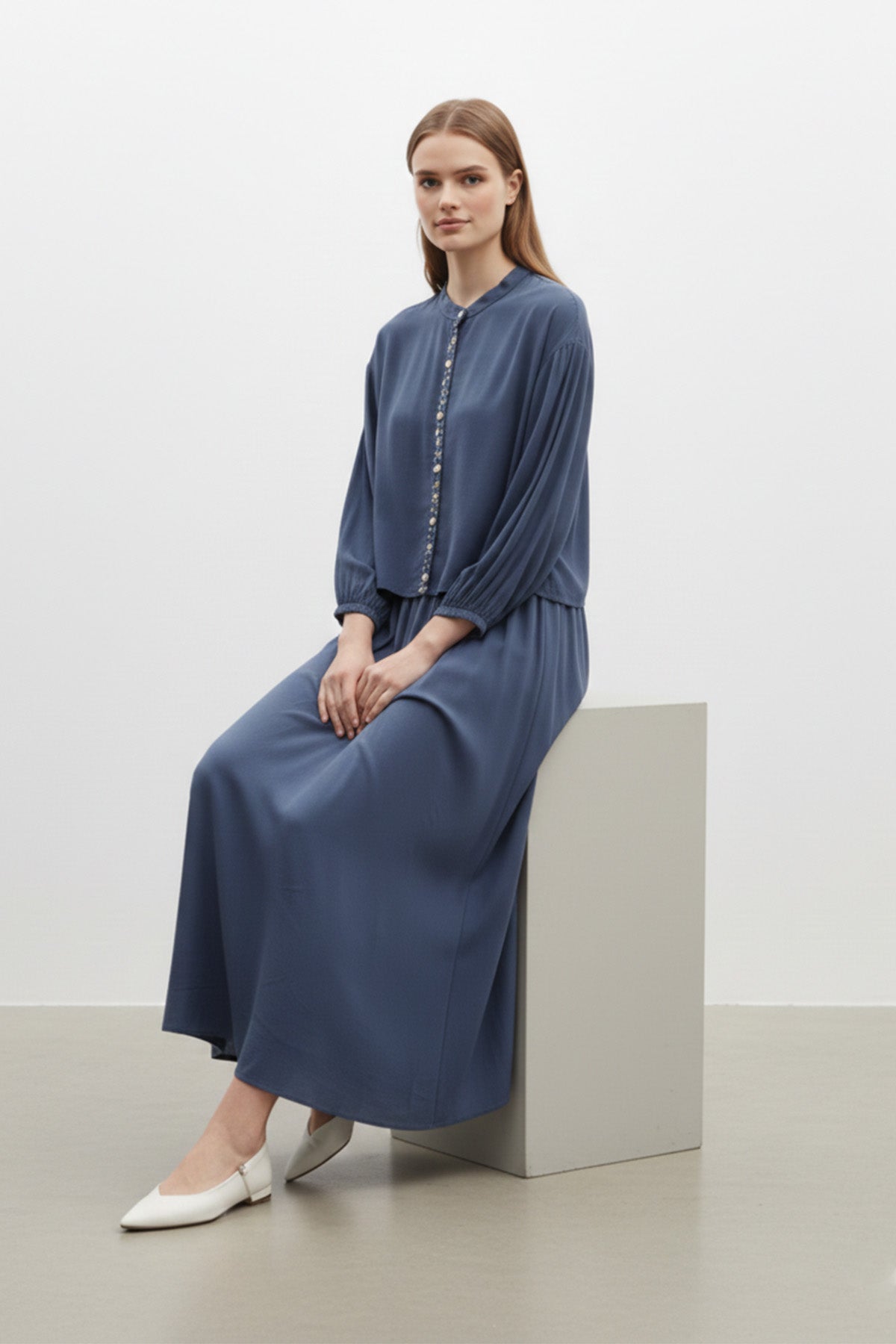 Kadın Taş Düğme Detaylı Bluz ve Uzun Etek Takım-14434