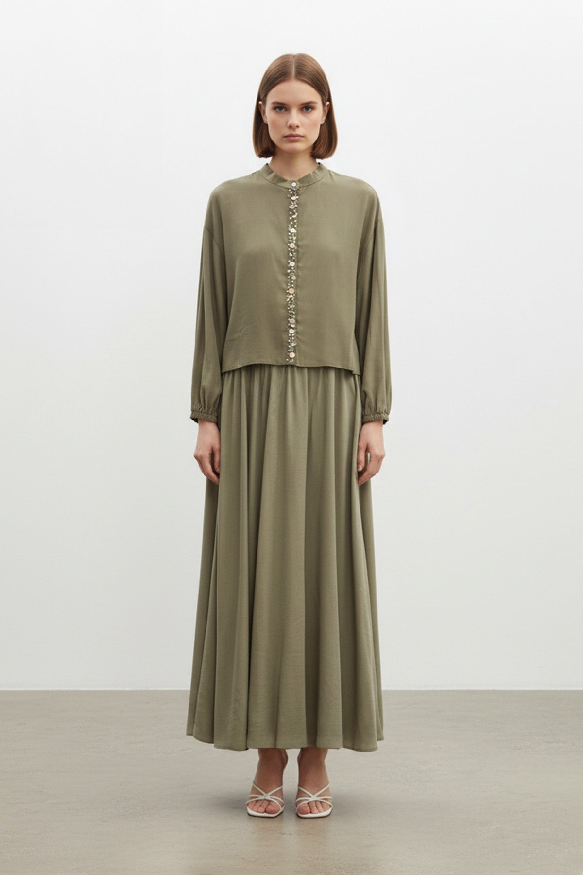 Kadın Taş Düğme Detaylı Bluz ve Uzun Etek Takım-14434