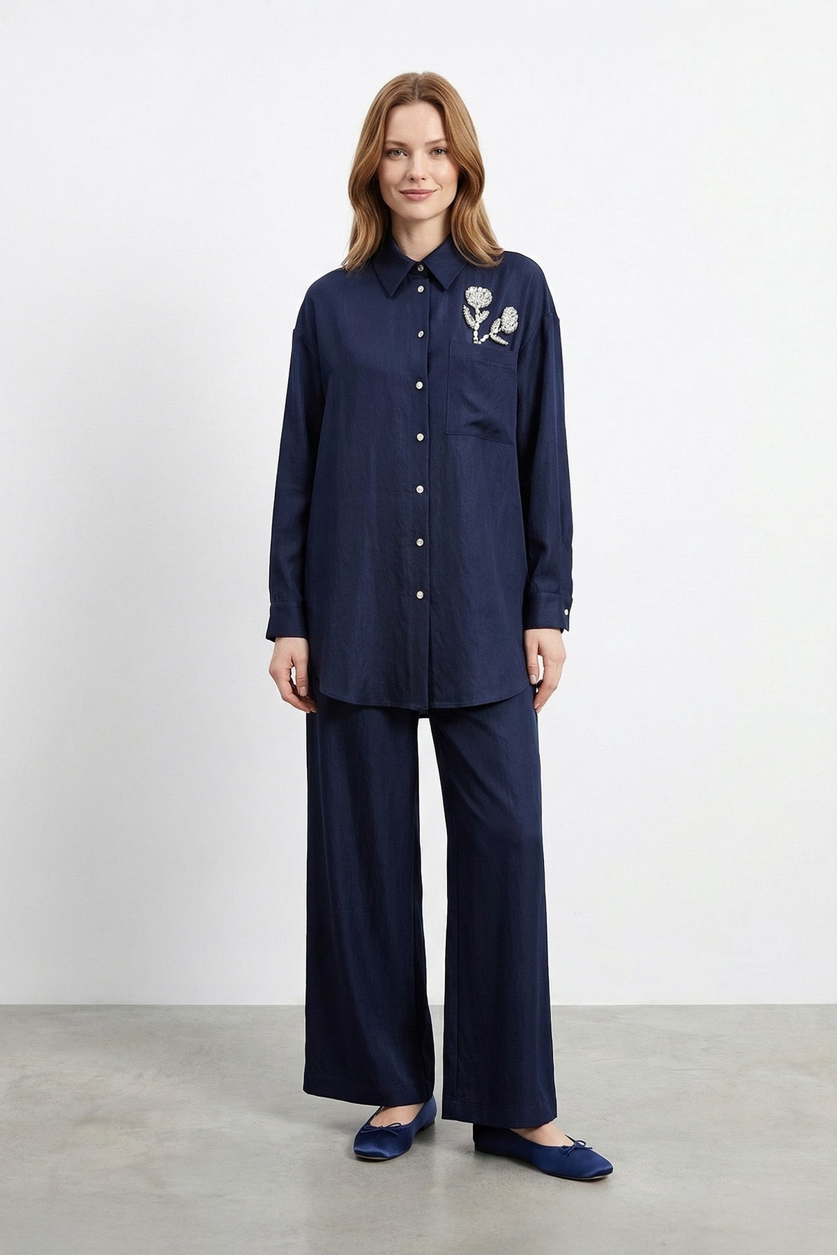 Kadın Yaka Taş İşleme Detaylı Denim Takım-14435TKS