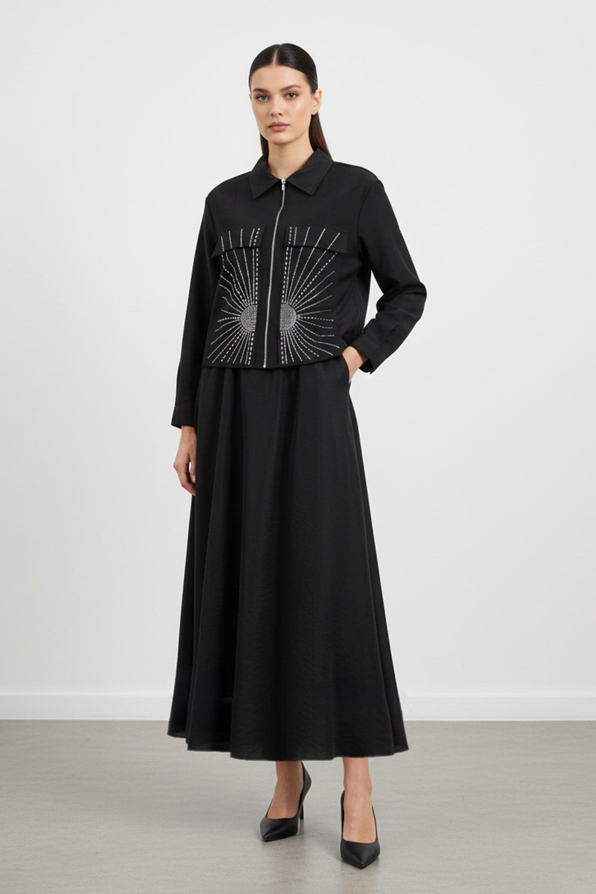 Kadın Fermuarlı Yaka Taş Detaylı İkili Takım-14437TKS