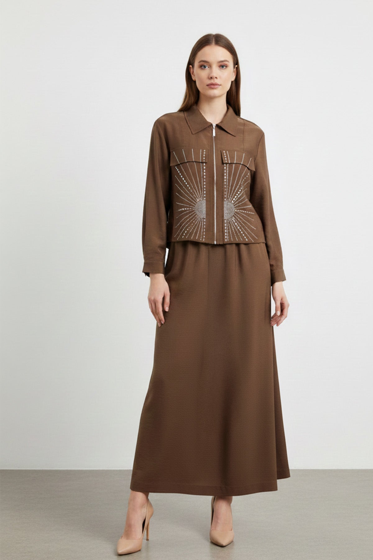 Kadın Fermuarlı Yaka Taş Detaylı İkili Takım-14437TKS