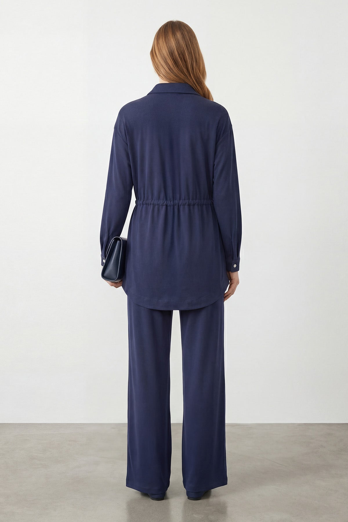 Kadın Dik Yaka Çıtçıt Detaylı Belden Bağlamalı Tunik Pantolon Takım – 14443TKS