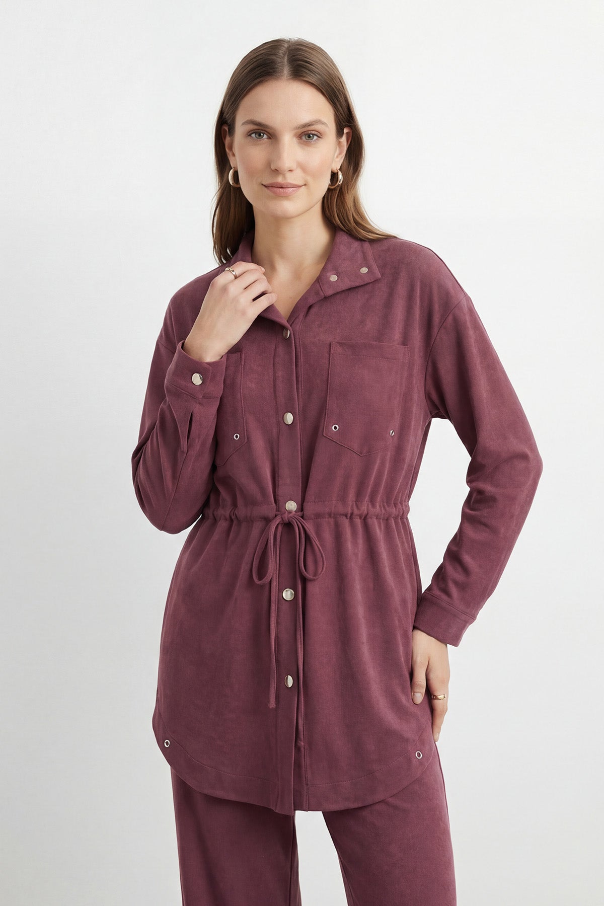 Kadın Dik Yaka Çıtçıt Detaylı Belden Bağlamalı Tunik Pantolon Takım – 14443TKS