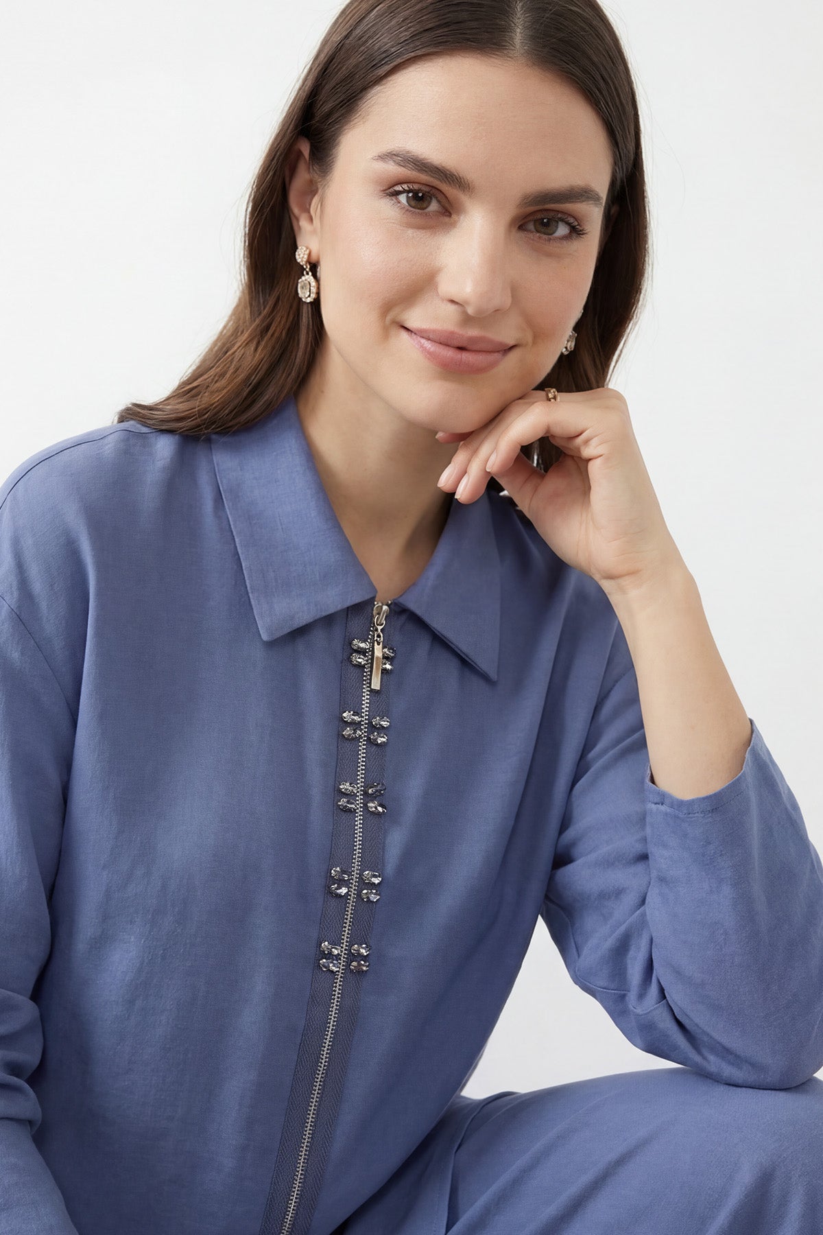 Kadın Gömlek Yaka Fermuarlı Tunik Pantolon Takım – 14446TKS