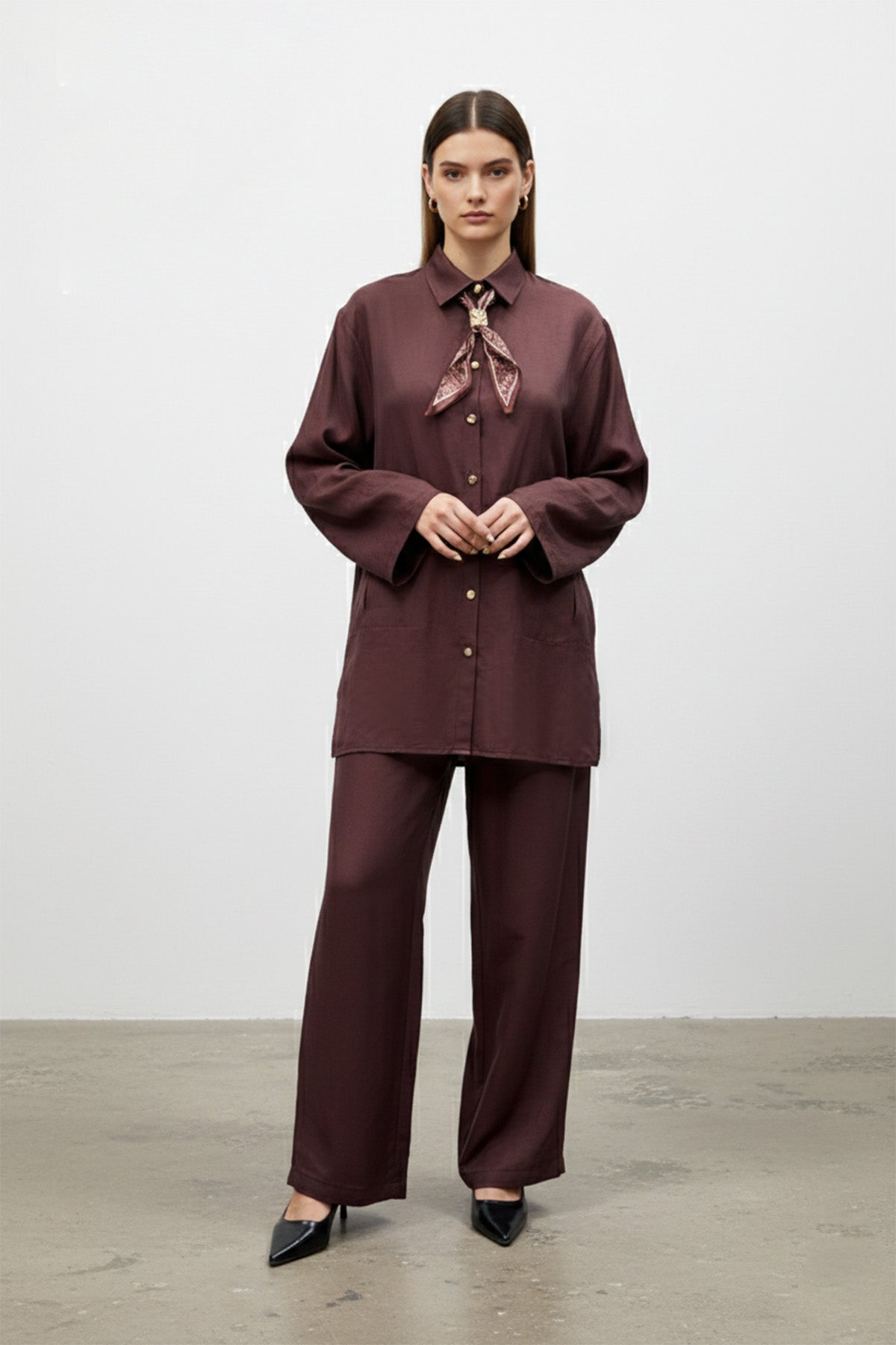 Kadın Şal Detaylı Düğmeli Rahat Kesim Takım – 14449TKS