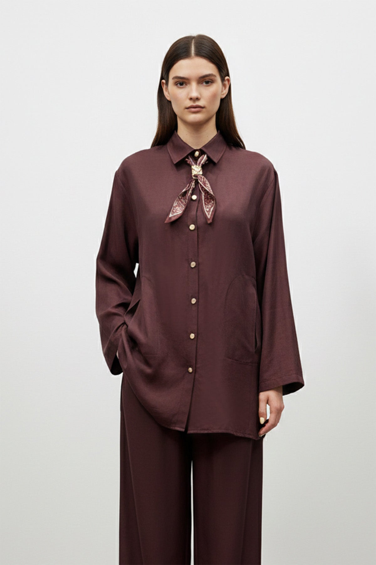 Kadın Şal Detaylı Düğmeli Rahat Kesim Takım – 14449TKS