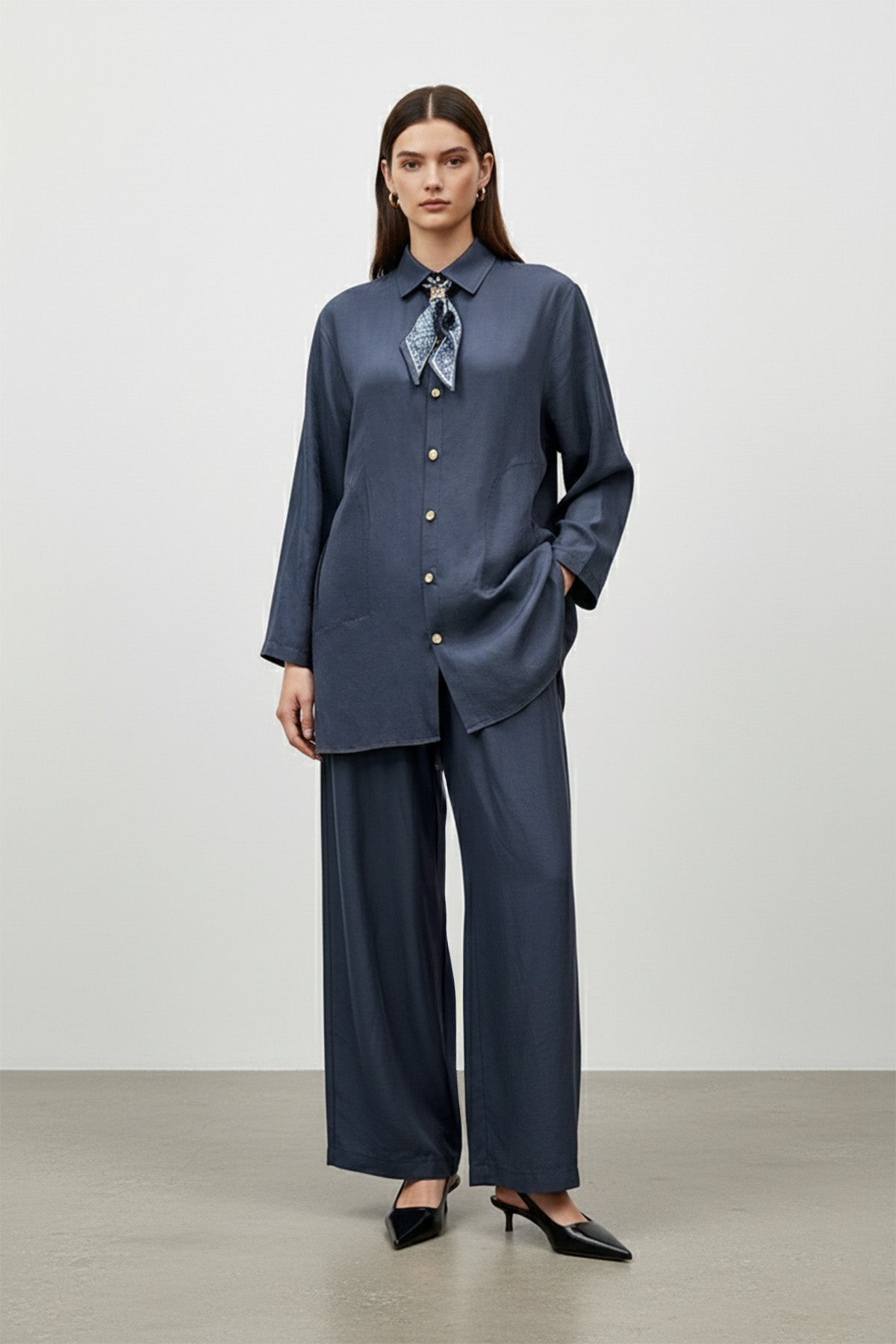 Kadın Şal Detaylı Düğmeli Rahat Kesim Takım – 14449TKS