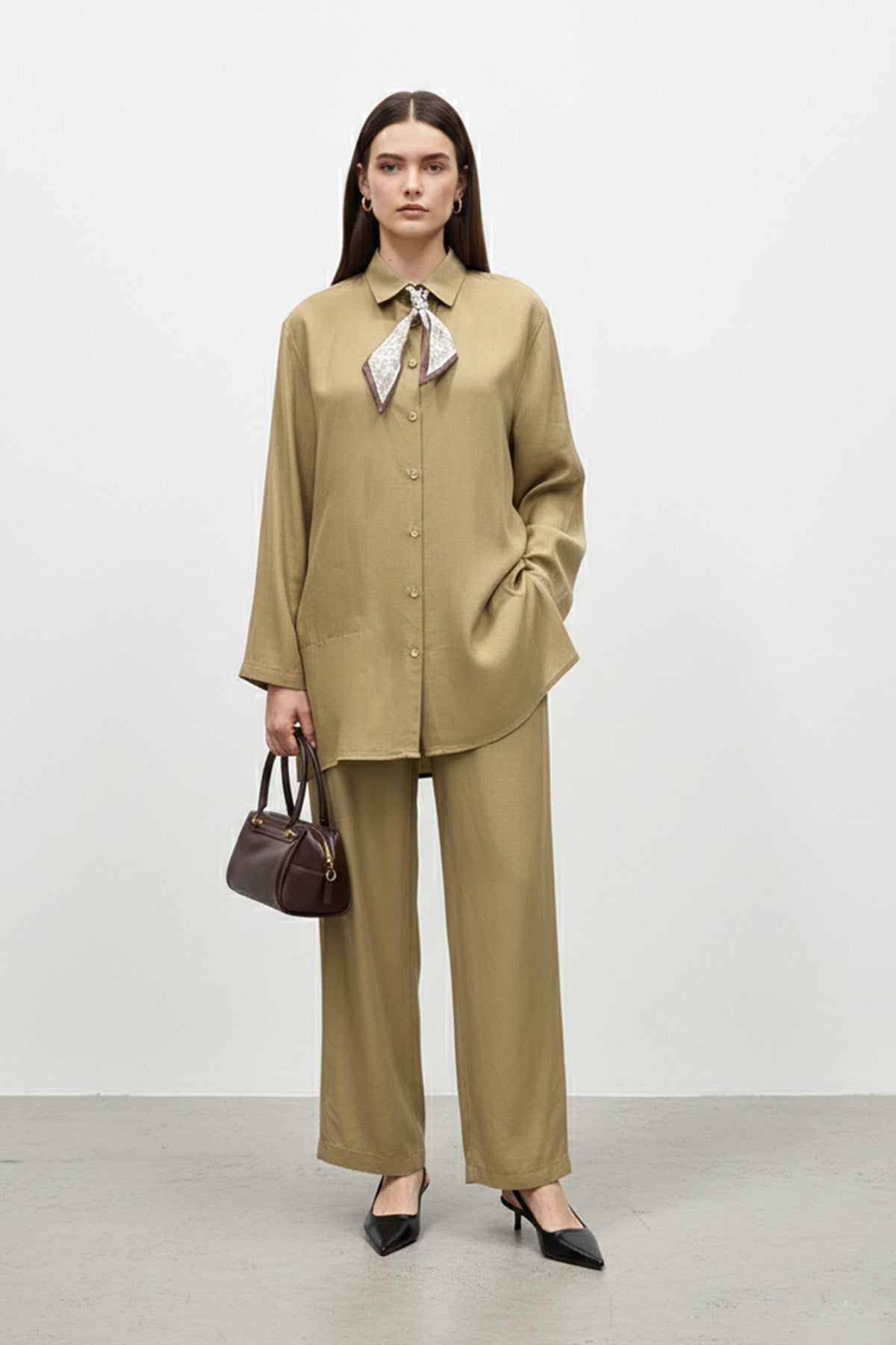 Kadın Şal Detaylı Düğmeli Rahat Kesim Takım – 14449TKS