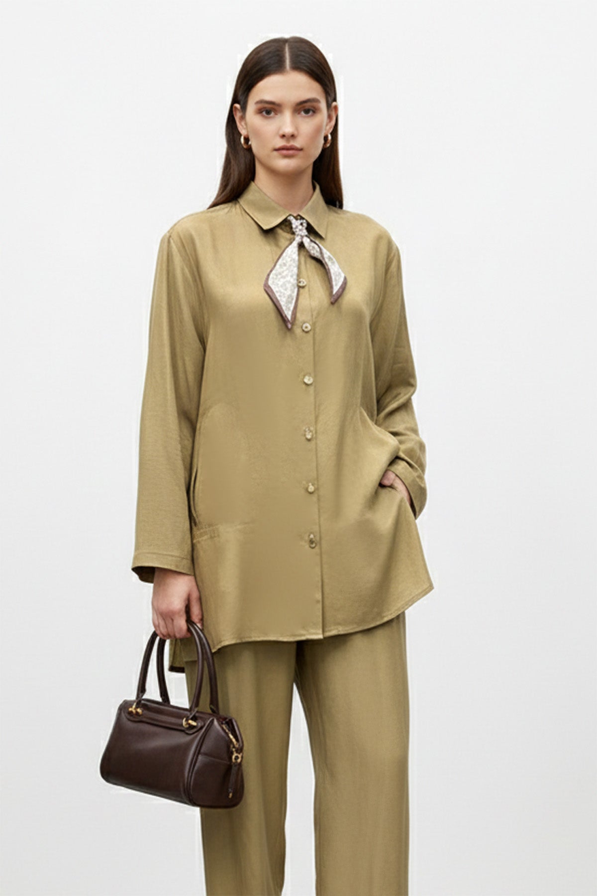 Kadın Şal Detaylı Düğmeli Rahat Kesim Takım – 14449TKS