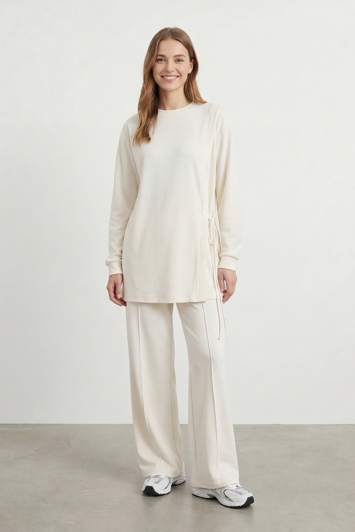 Kadın Yan Bağlama Detaylı Bisiklet Yaka Tunik Pantolon Takım – 14479TKS