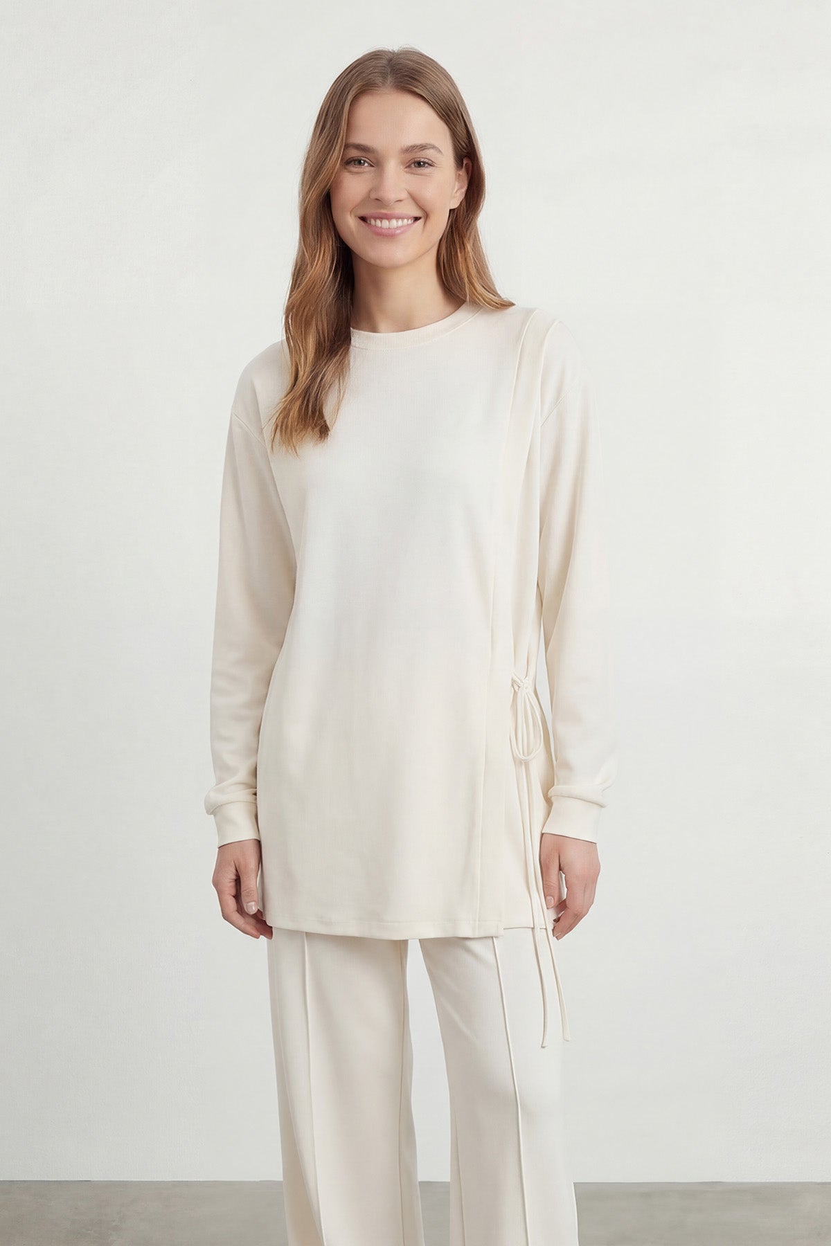 Kadın Yan Bağlama Detaylı Bisiklet Yaka Tunik Pantolon Takım – 14479TKS