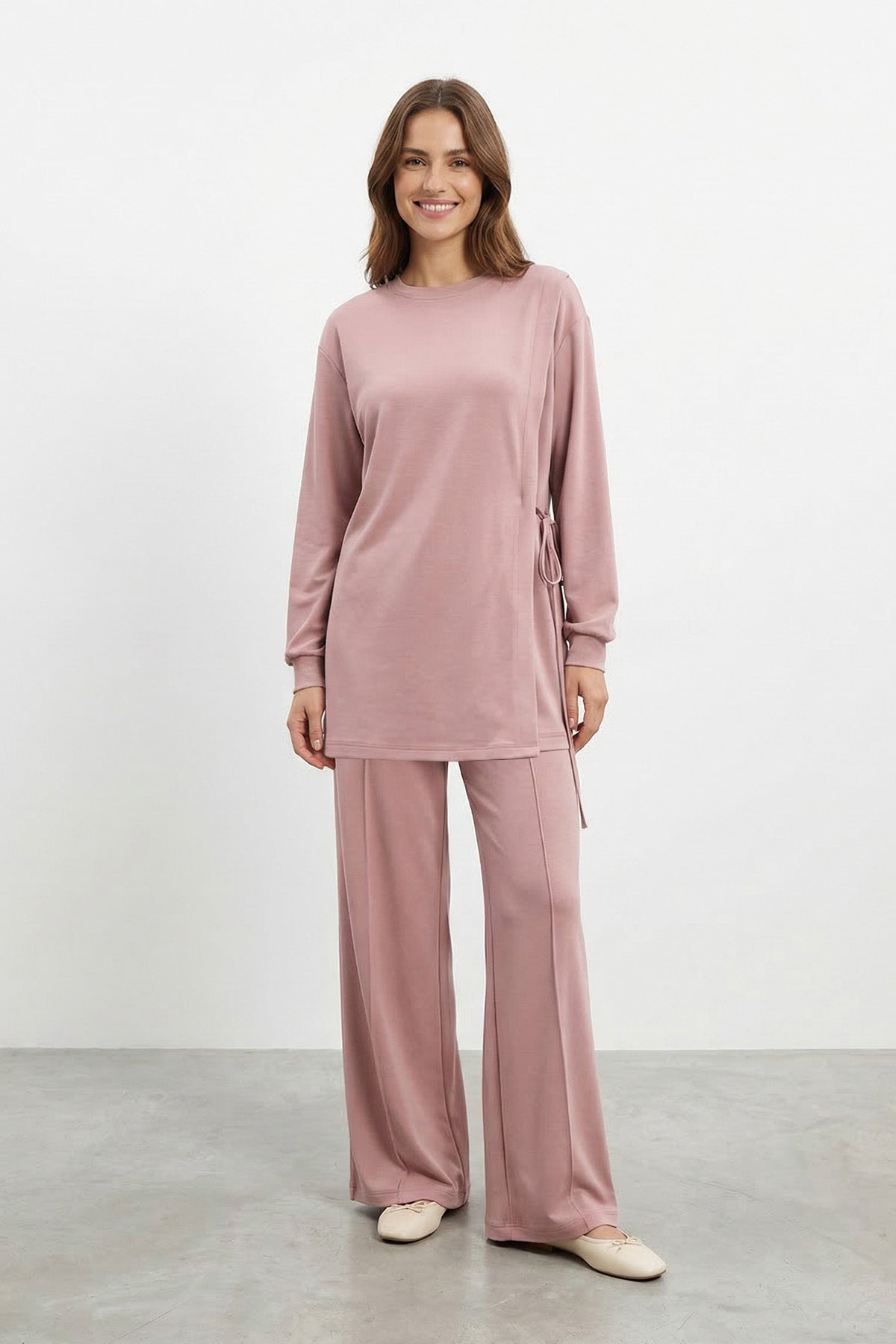 Kadın Yan Bağlama Detaylı Bisiklet Yaka Tunik Pantolon Takım – 14479TKS