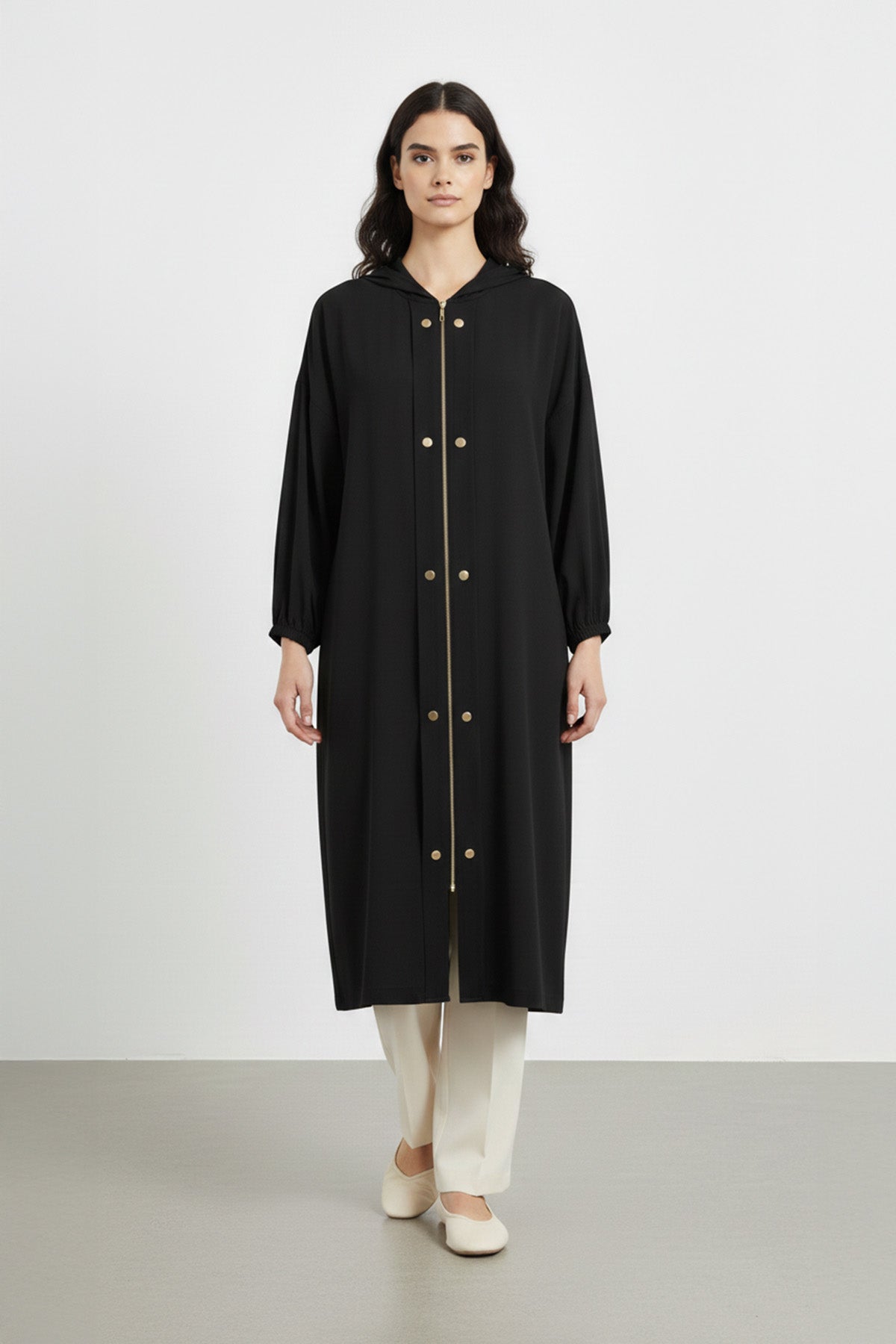 Kapüşonlu Fermuarlı uzun Kadın Kap-15251