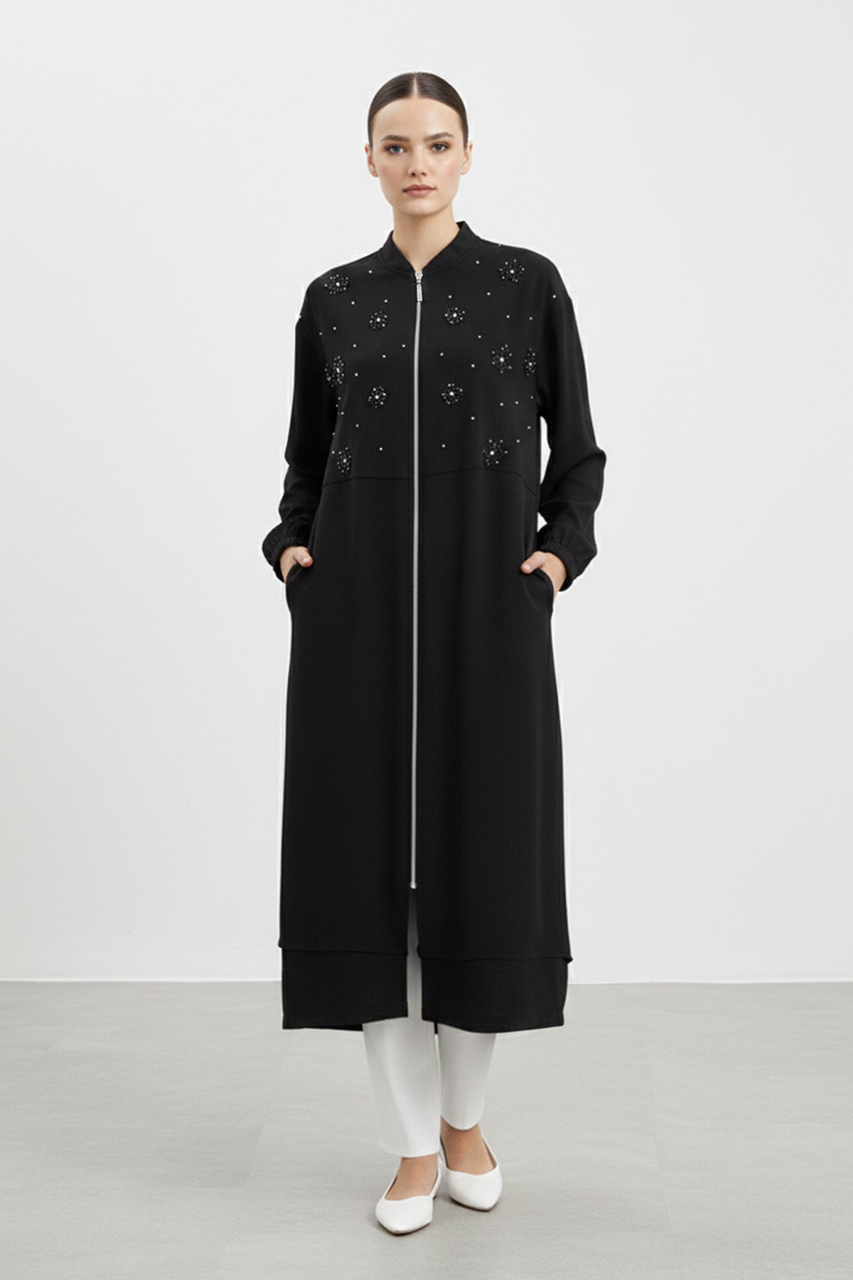 Kadın Fermuarlı Yaka Düz Kesim Uzun Hırka-15253HRK