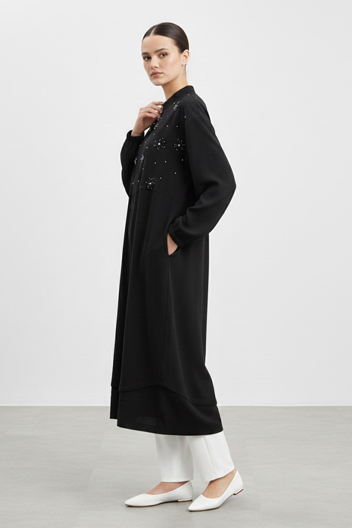 Kadın Fermuarlı Yaka Düz Kesim Uzun Hırka-15253HRK
