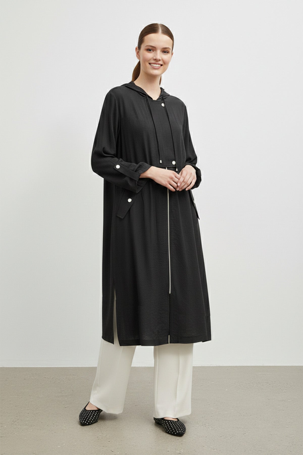 Kapüşonlu Büzgü Detaylı Uzun kap-15254