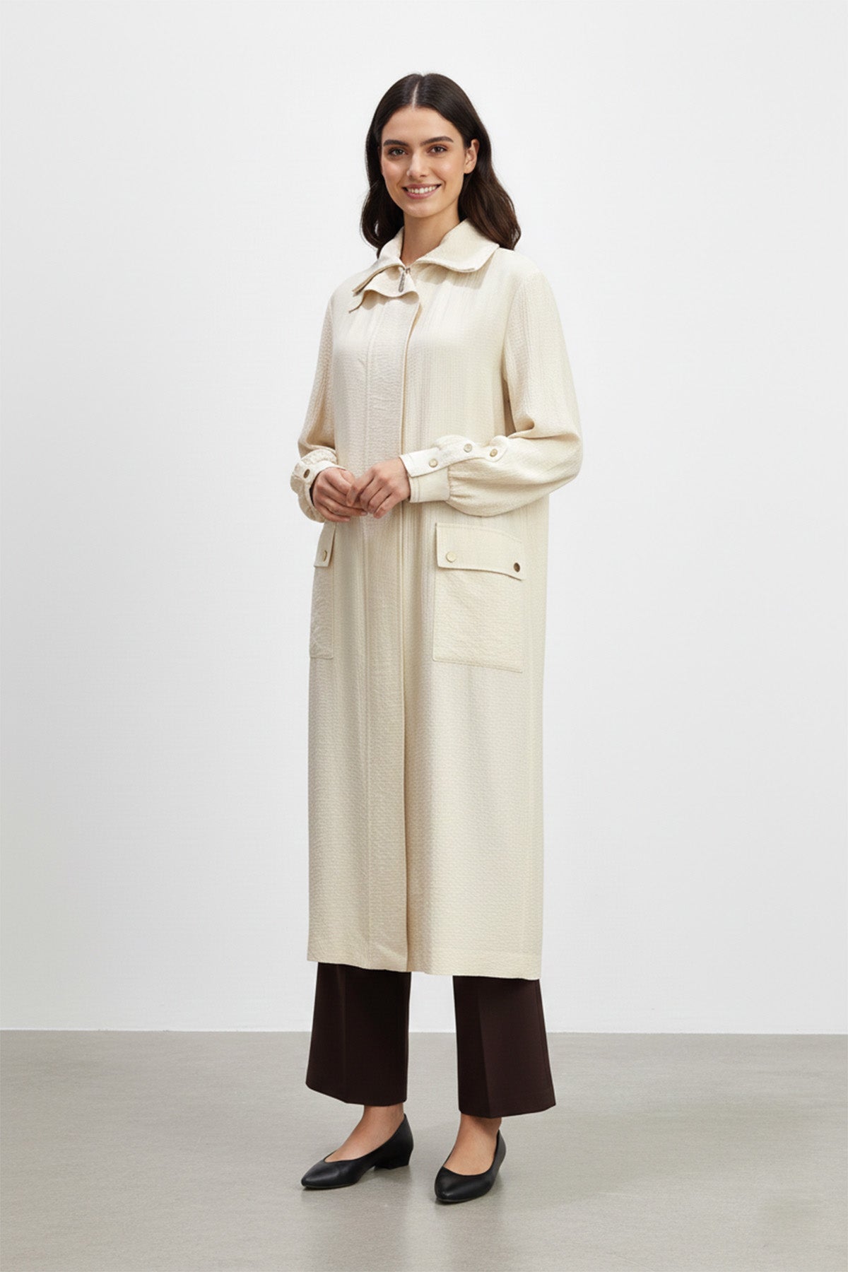 Biyeli Yaka Cepli Uzun Kap-15256