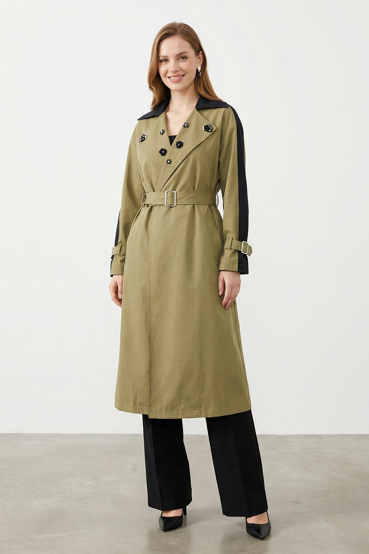 Kadın Renk Bloklu Tasarım Trençkot –15261TRC