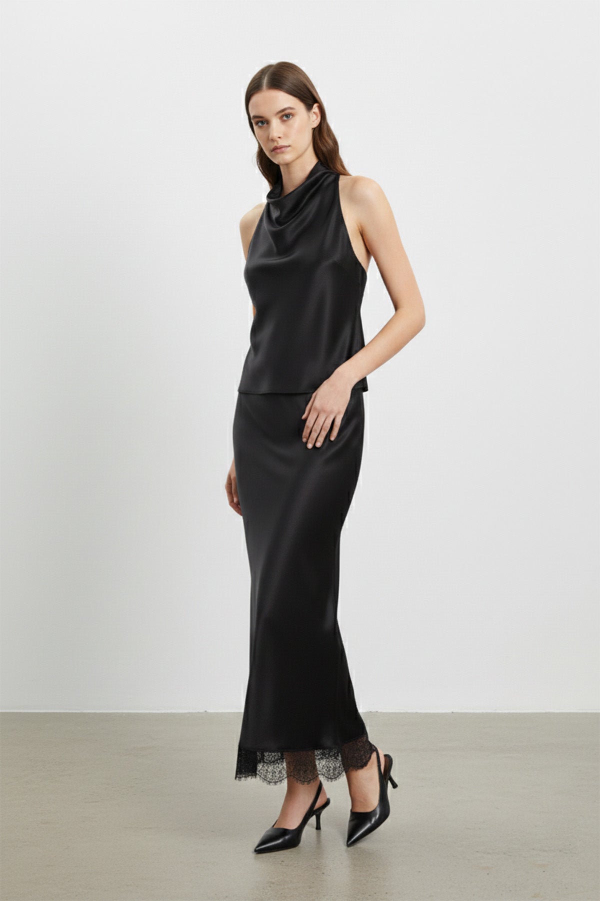 Saten Dantel Detaylı Uzun Etek-20729