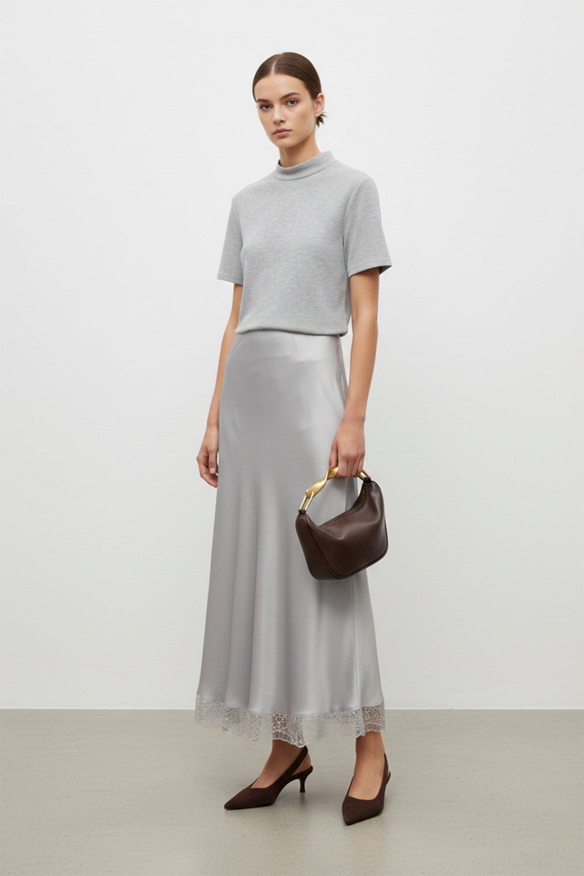 Saten Dantel Detaylı Uzun Etek-20729