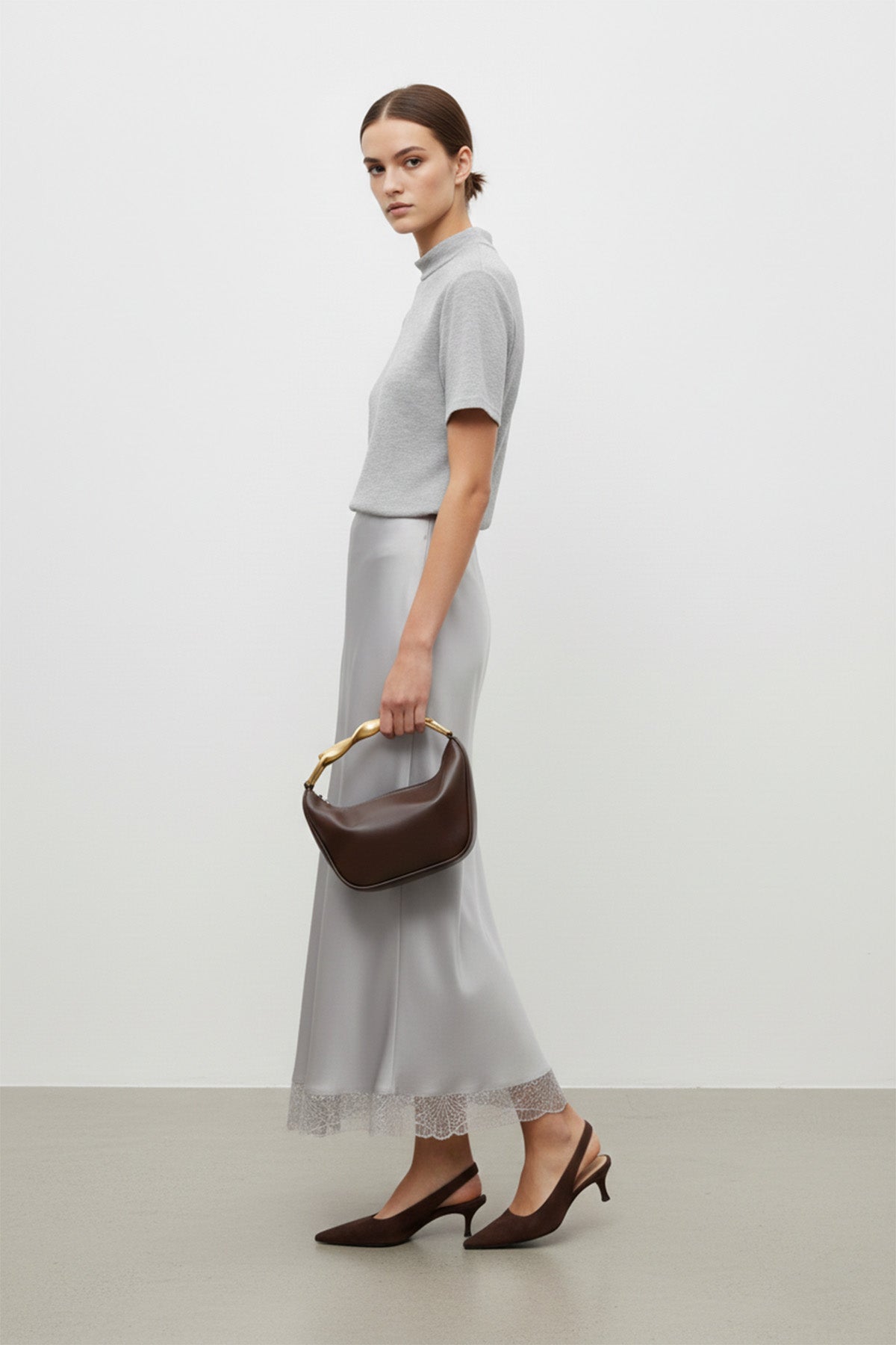 Saten Dantel Detaylı Uzun Etek-20729