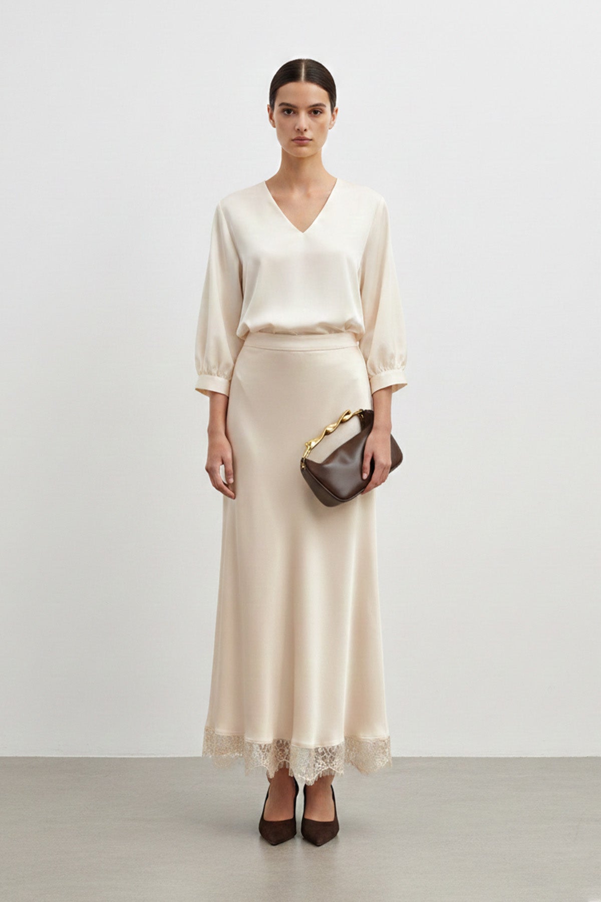 Saten Dantel Detaylı Uzun Etek-20729