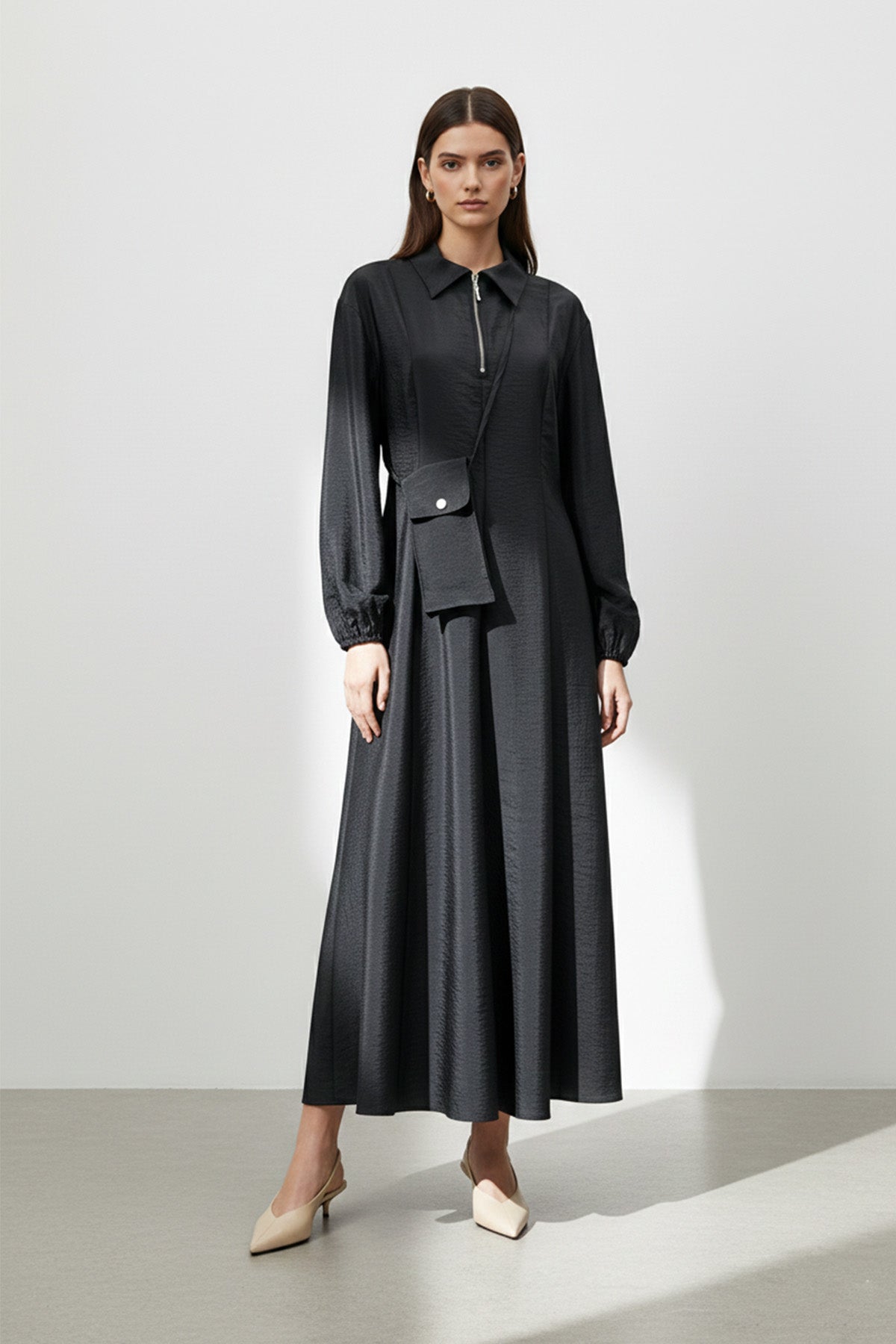 Kadın Uzun Kollu Fermuarlı Uzun Elbise-32448ELB