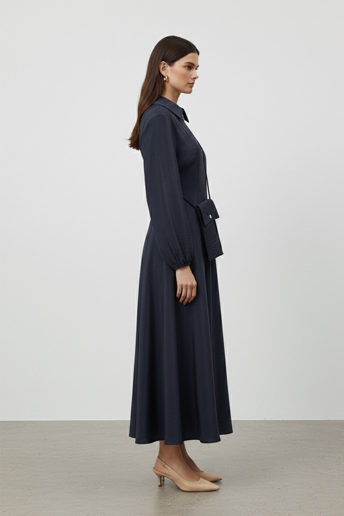 Kadın Uzun Kollu Fermuarlı Uzun Elbise-32448ELB