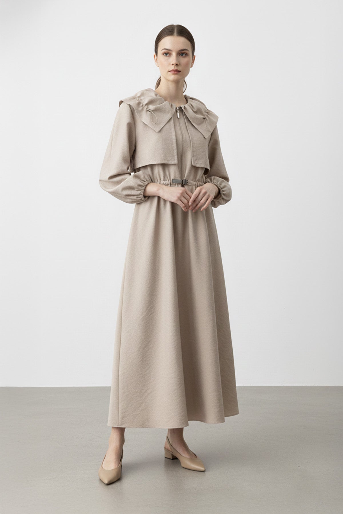 Kadın Fermuarlı Belden Kemerli Uzun Elbise-32451